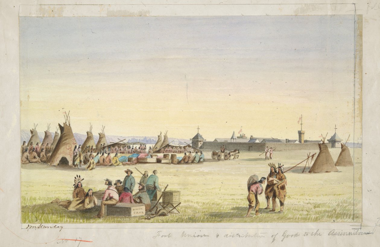 Fort Union en verdeling van goederen aan de Assiniboin door John Mix Stanley