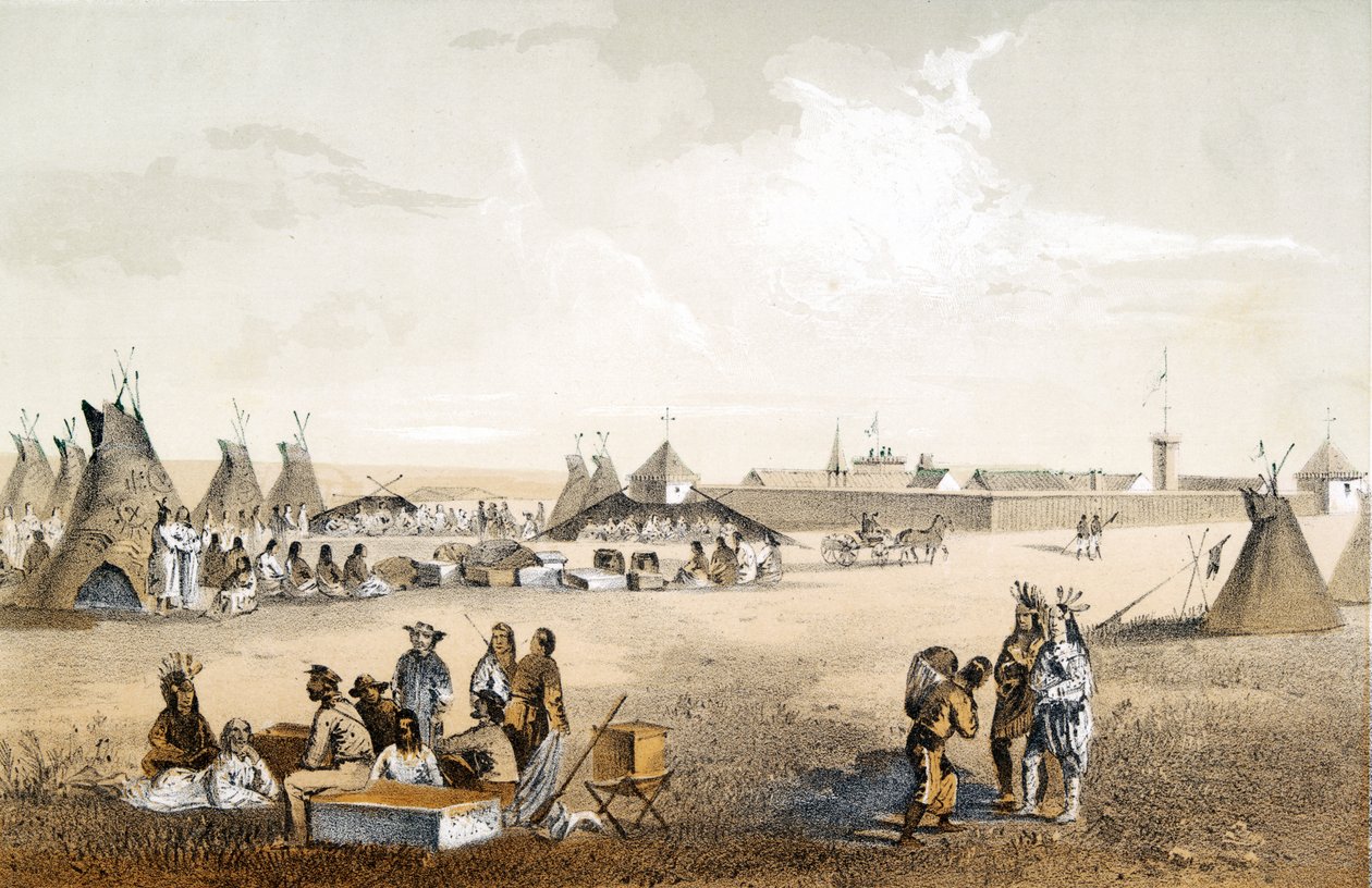 Fort Union, en distributie van goederen aan de Assiniboins, uitgegeven 1860 door John Mix Stanley