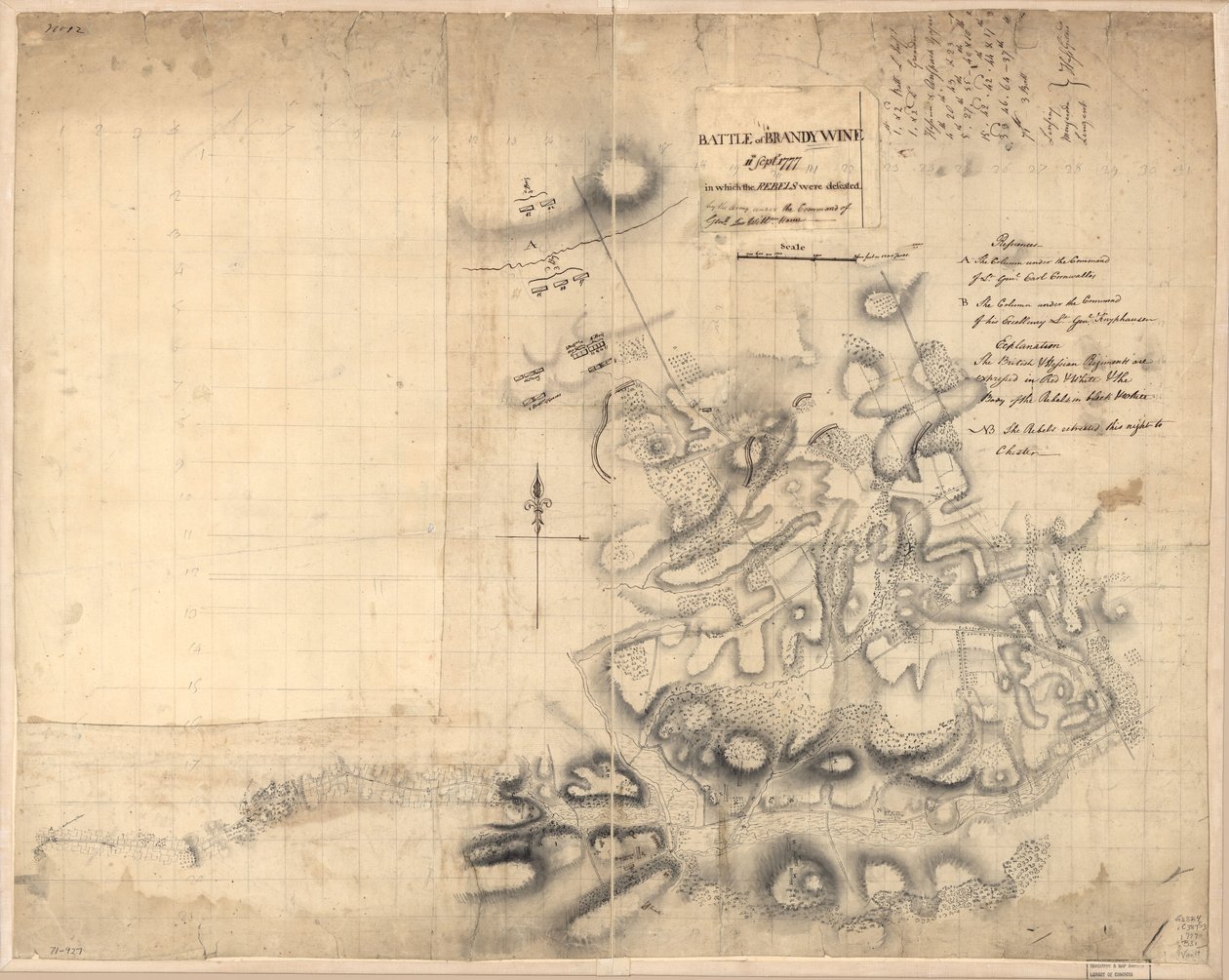 Slag bij Brandywine, 11 septr. 1777, waarin de rebellen werden verslagen door het leger onder bevel van generaal Sir Willm. Howe. LOC gm71000927 door John Montresor