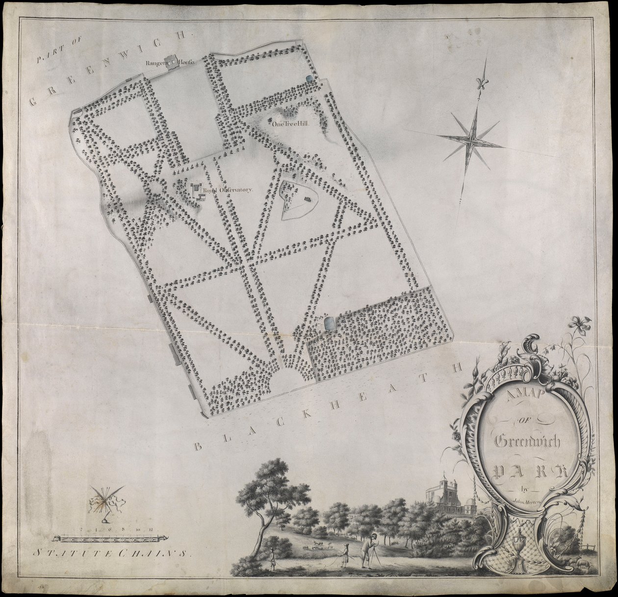 Plan van Greenwich Park, met het Koninklijk Observatorium, One Tree Hill en het Ranger