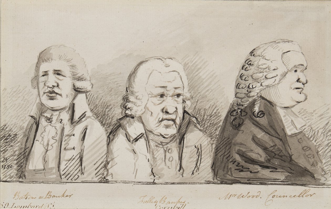Batson, een bankier, Tulley, bankier, Mr Wood, raadslid, 69 Lombard Street, Cornhill, 1790 door John Nixon