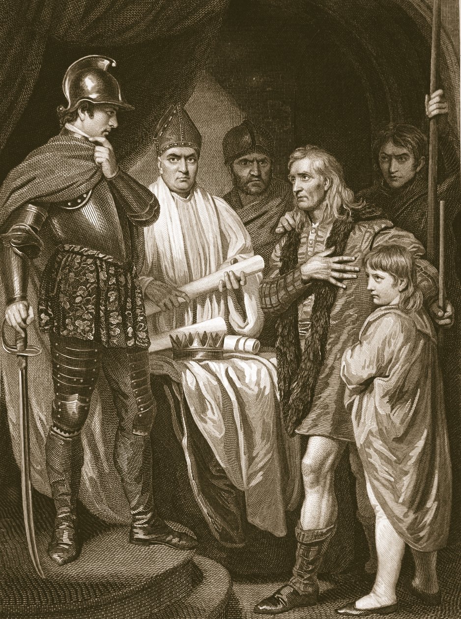 Baliol geeft zijn kroon over aan Edward I, gegraveerd door J. Parker, illustratie uit David Hume