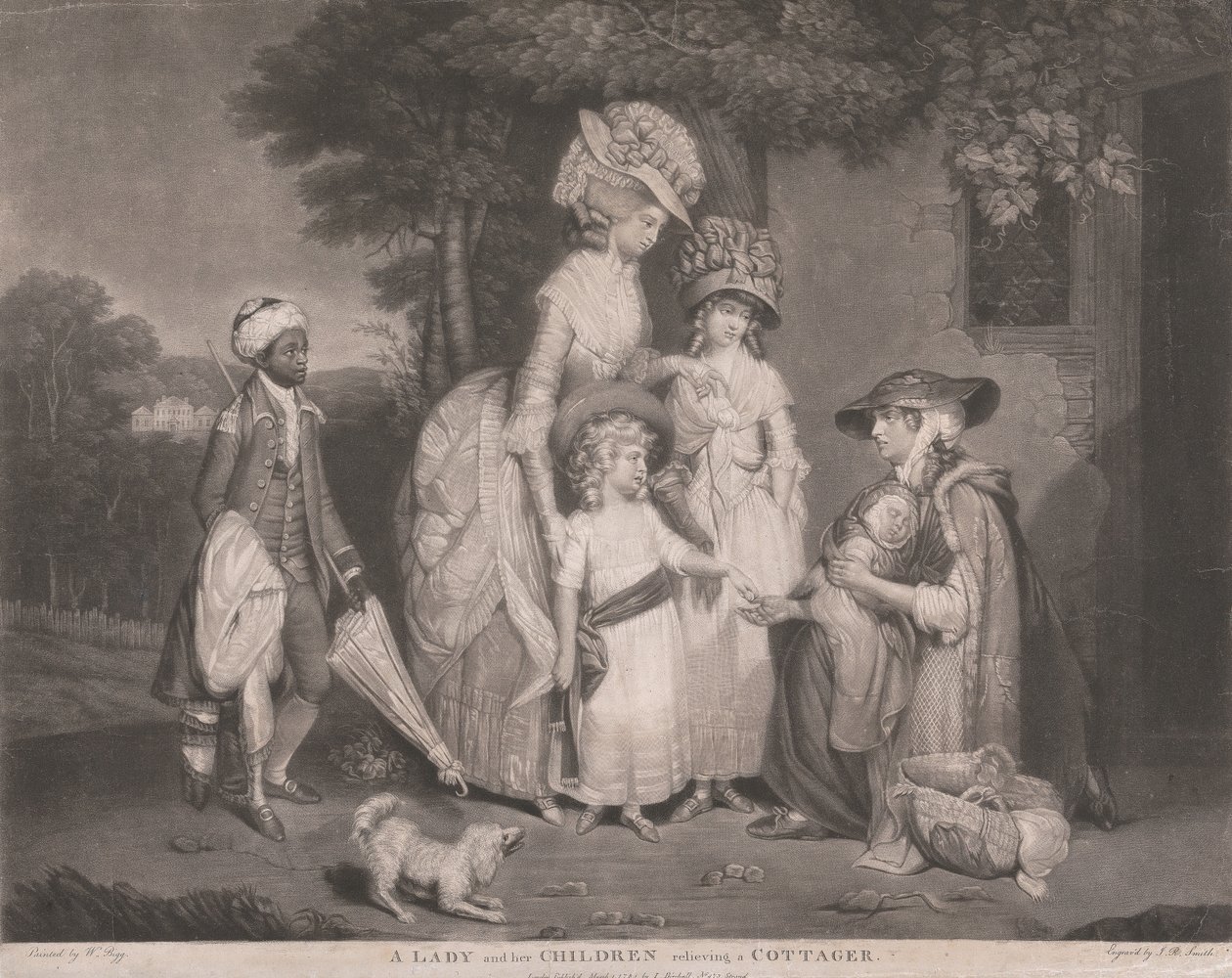 Een dame en haar kinderen helpen een dorpsbewoonster door John Raphael Smith