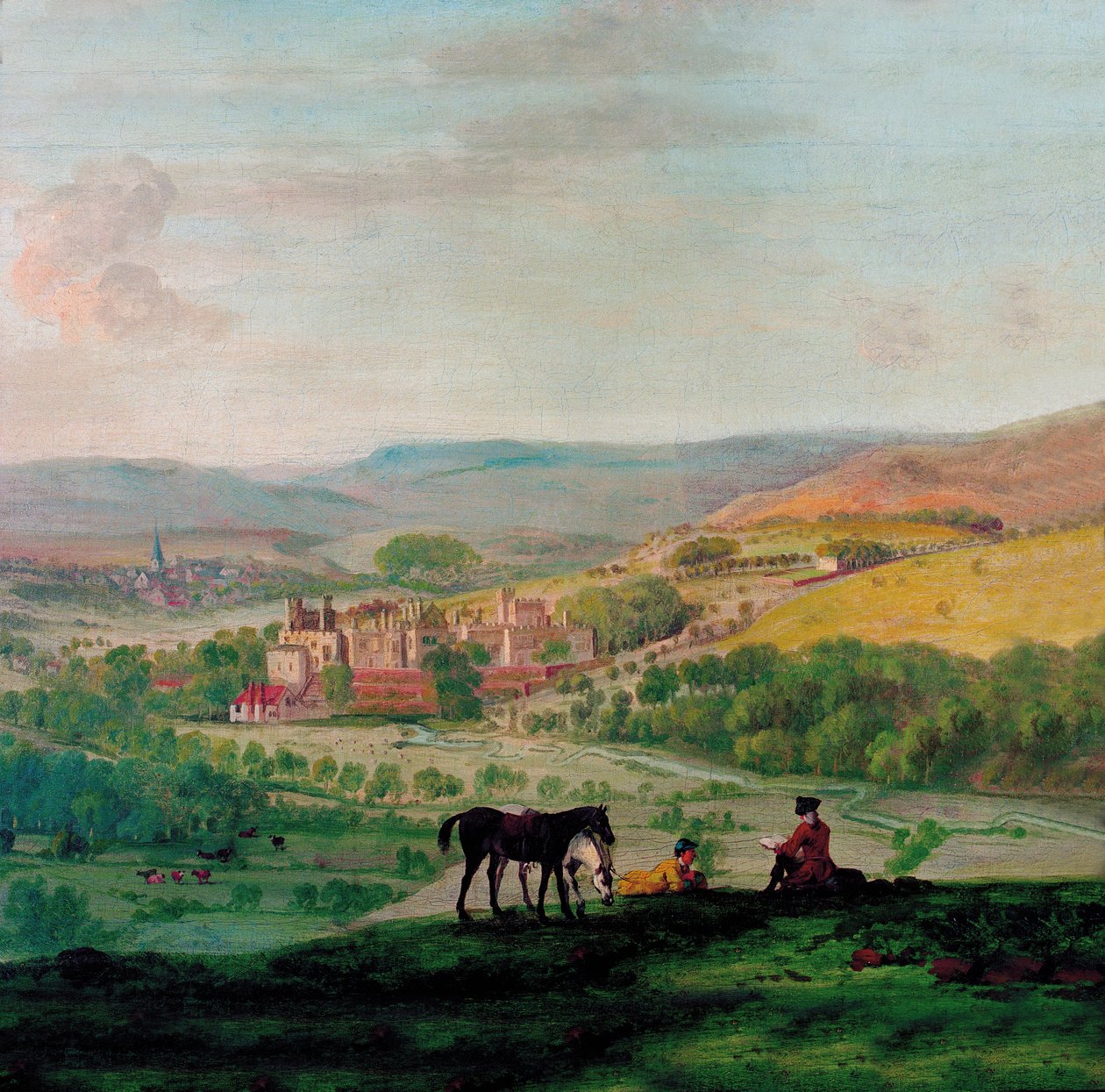 Een 18e-eeuws uitzicht op Haddon Hall met het dorp Bakewell op de achtergrond door John Raphael Smith