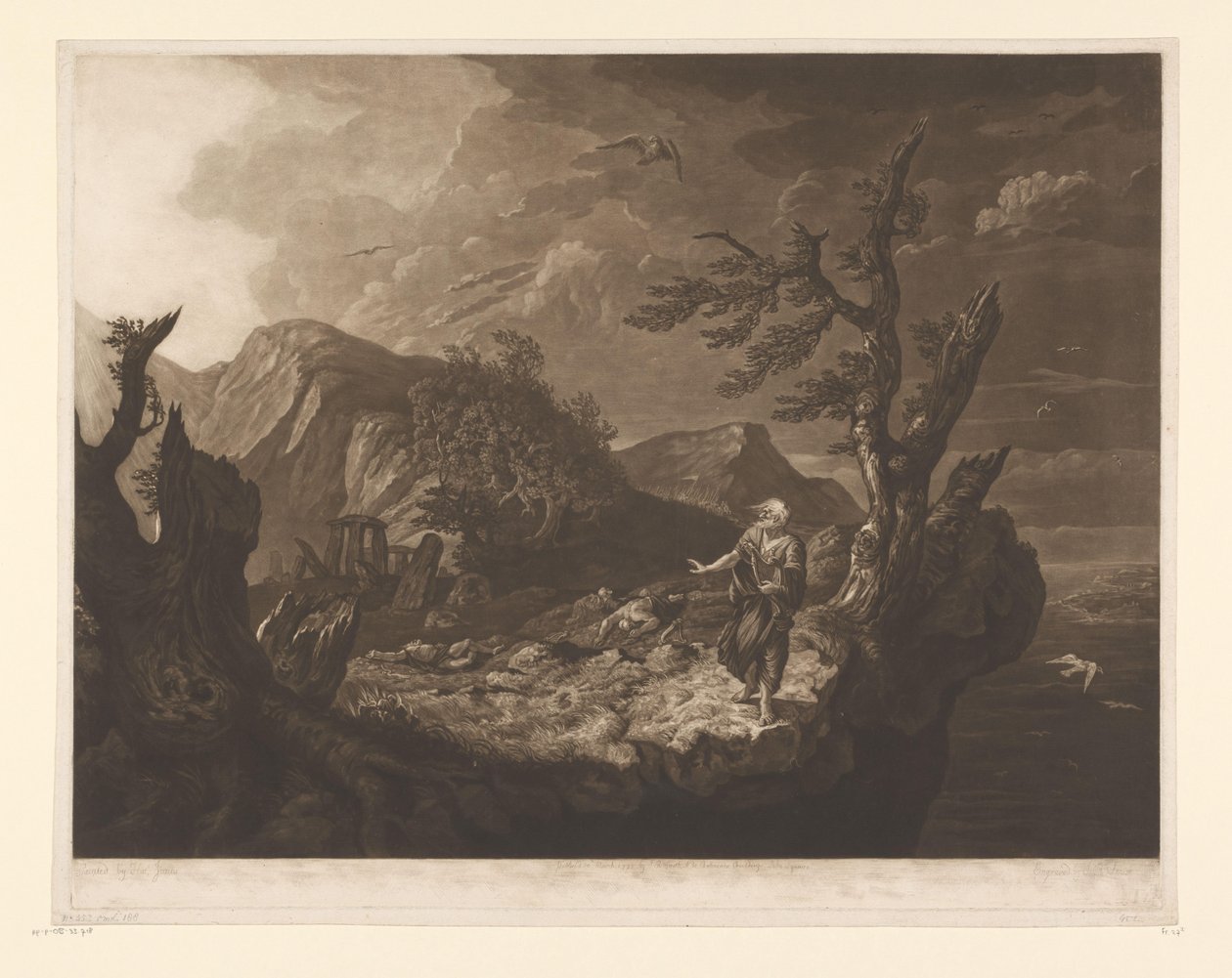 Stormachtig landschap met bard aan de rand van een klif door John Raphael Smith