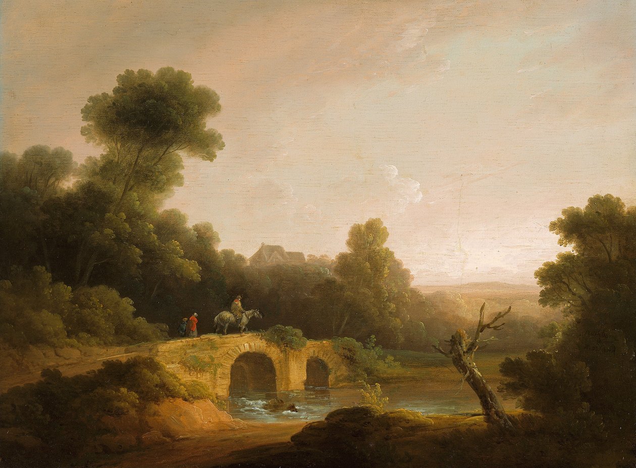 Landschap met Figuren die een Brug Oversteken door John Rathbone