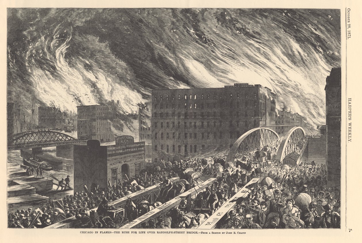 Chicago in vlammen - de vlucht voor het leven over de Randolph Street Bridge, illustratie uit Harper