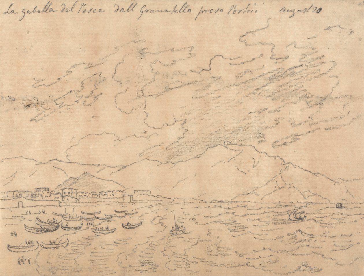 La Gabella del Pesce dall Granabello Preso Portici, 20 augustus door John Robert Cozens
