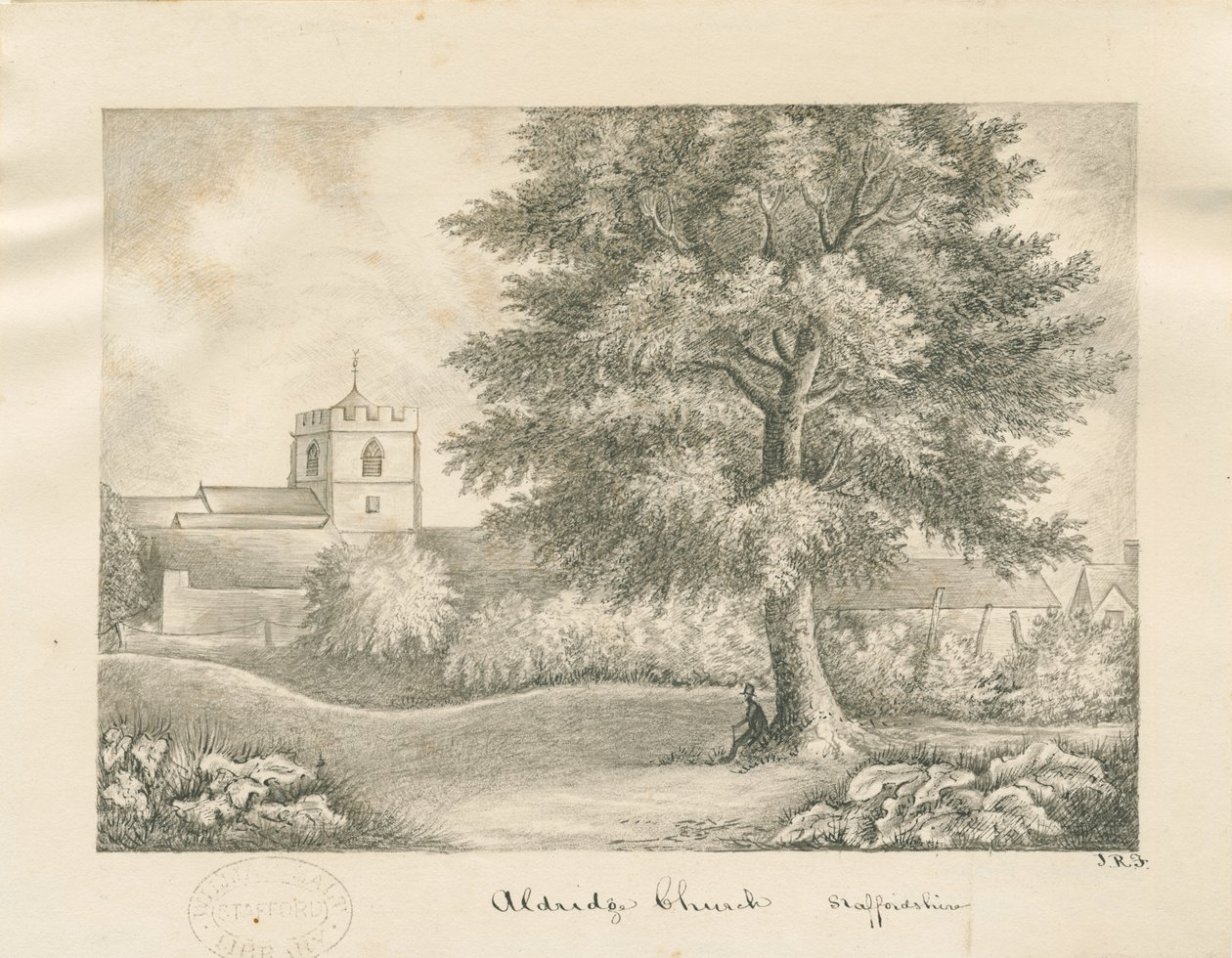 Aldridge Kerk: pen- en was tekening, 19e eeuw door John Robert Fernyhough