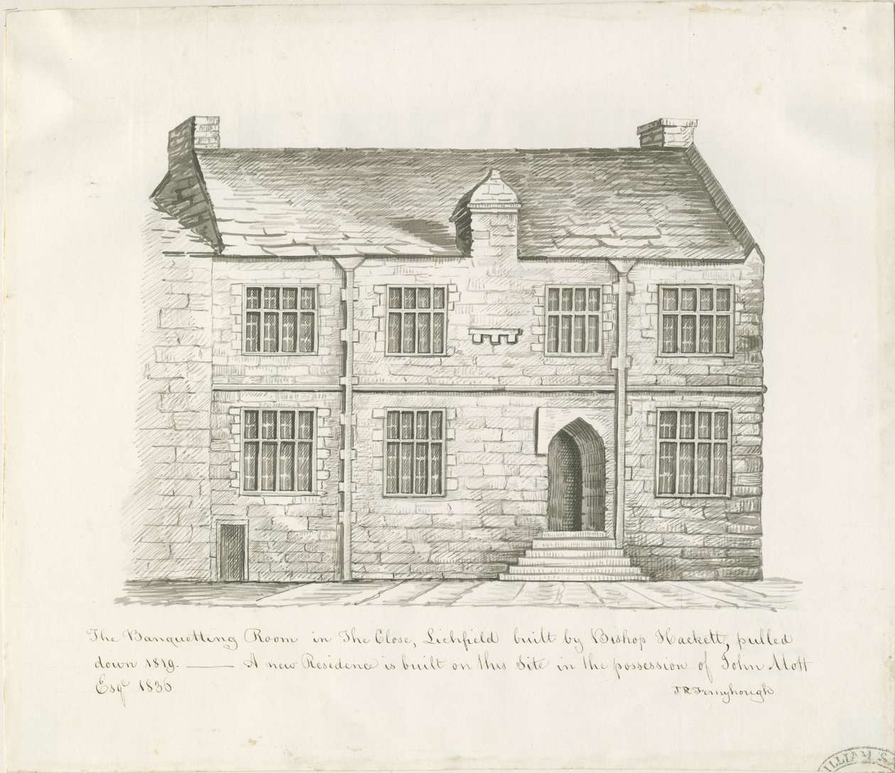 Lichfield - Banketzaal in The Close: sepia was tekening, nd [begin 19e eeuw] door John Robert Fernyhough