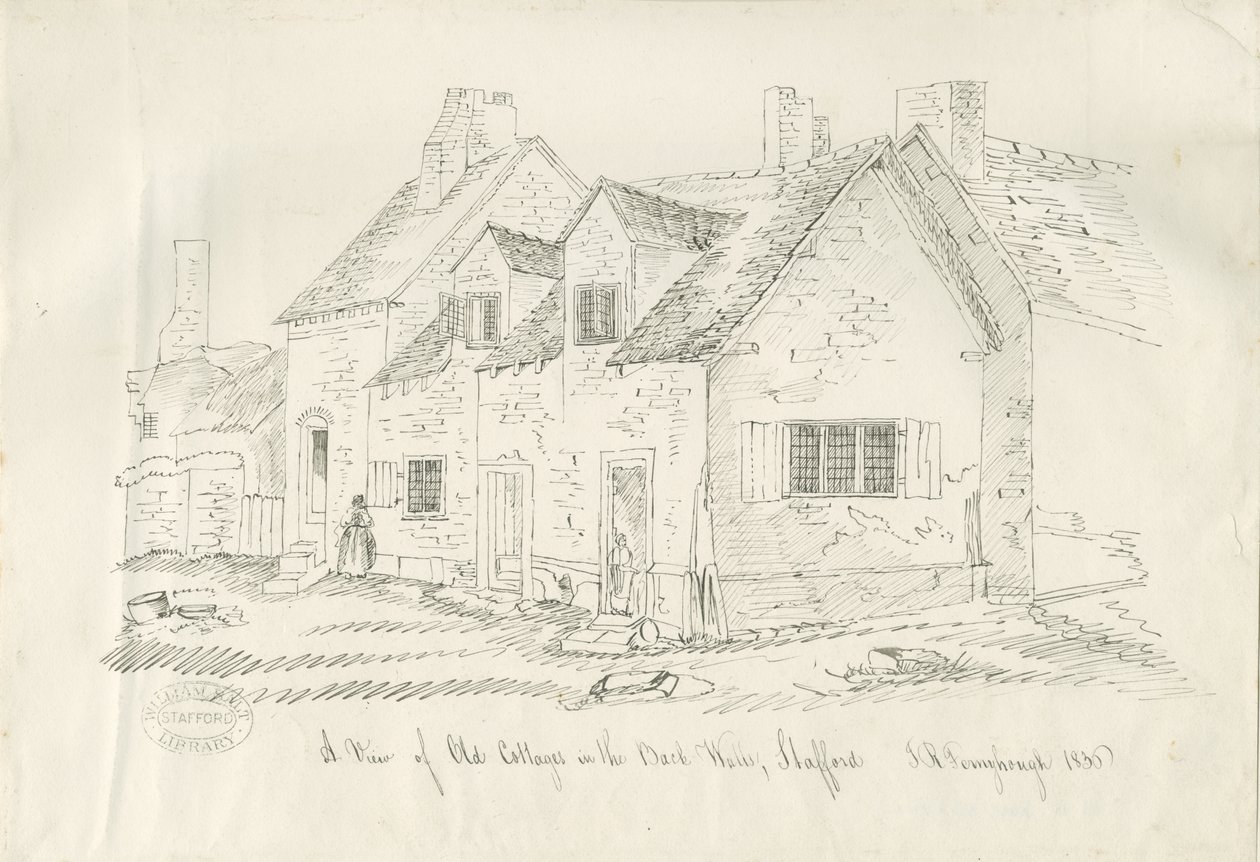 Stafford - Oud huisje in Back Walls: pen en inkt tekening, 1836 door John Robert Fernyhough