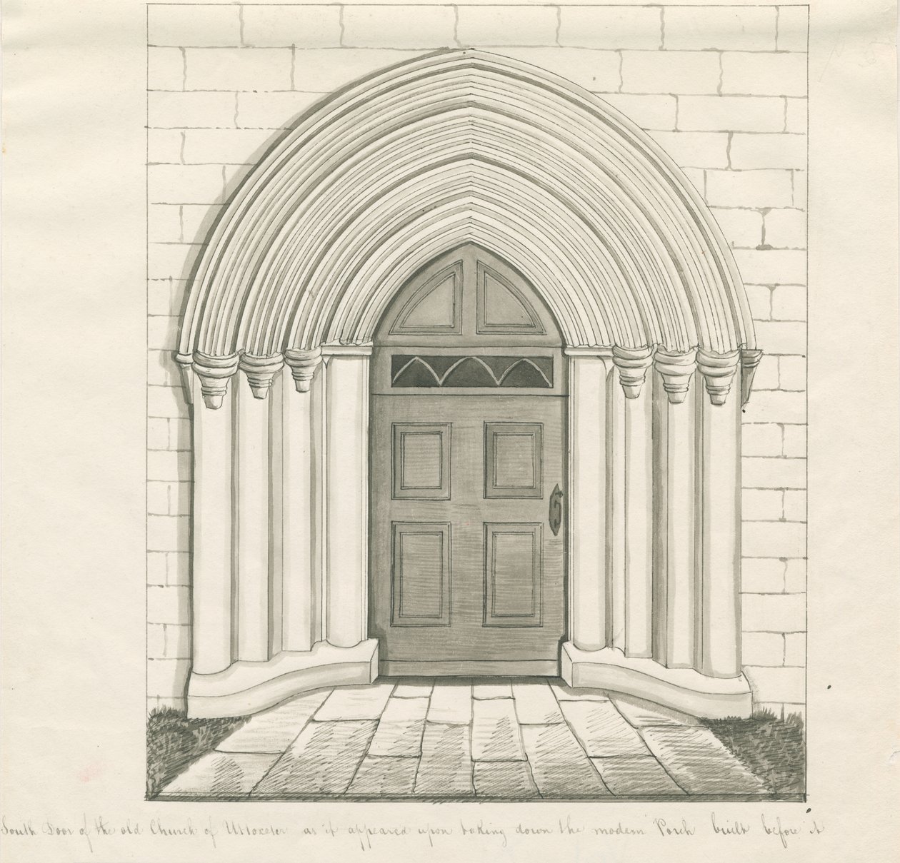 Uttoxeter Kerk - Zuiddeur: pen en wassing tekening, nd [?midden 19e eeuw] door John Robert Fernyhough