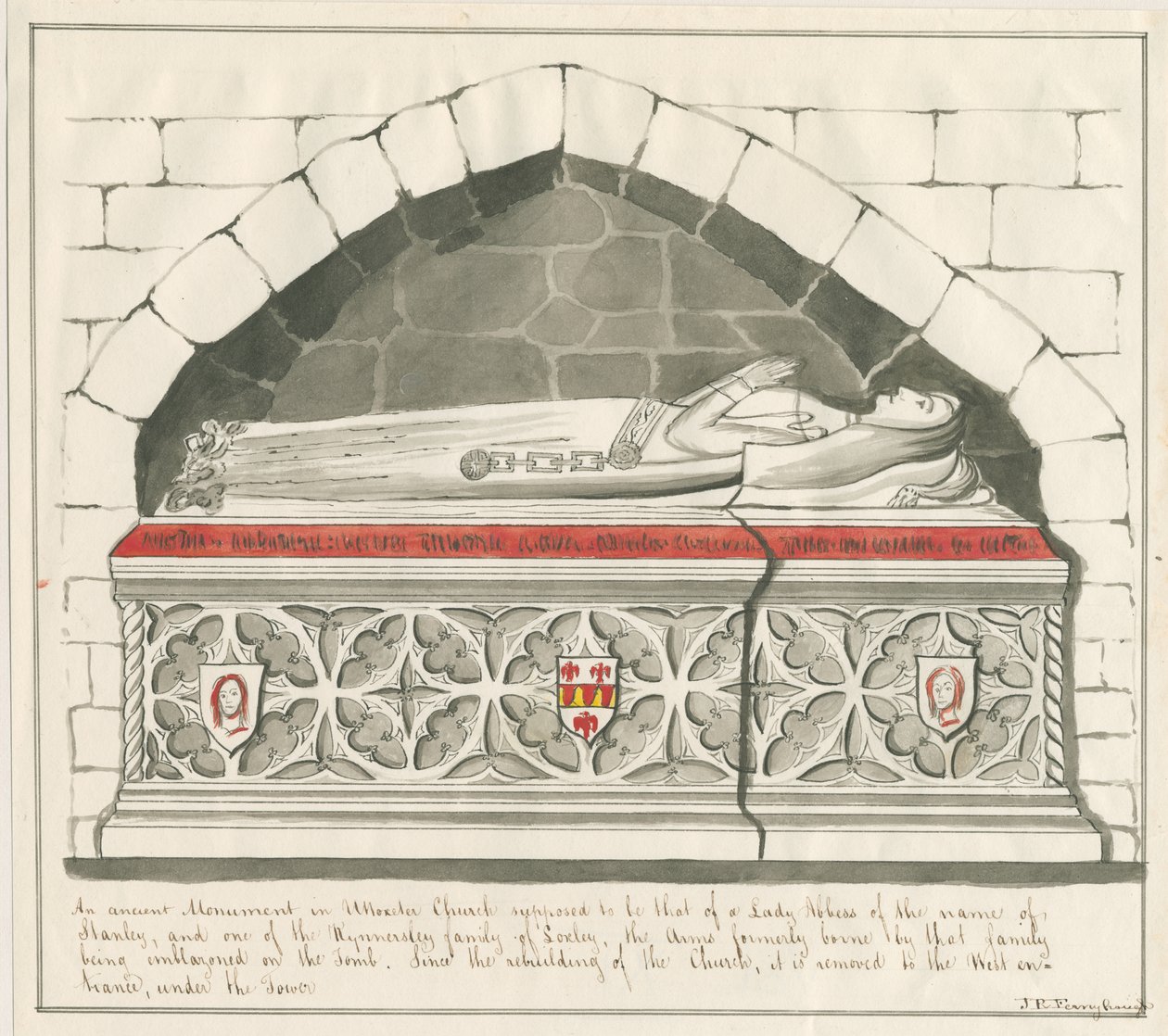 Uttoxeter Kerk - Graf van Lady Abbess van de Kynnersley Familie: pen en was tekening, nd [midden 19e eeuw] door John Robert Fernyhough