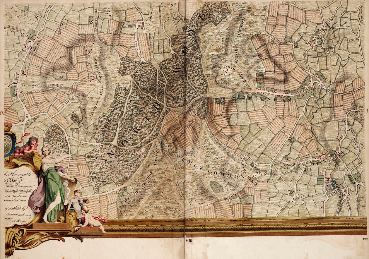 Kaart van Streatham, Croydon en Sydenham door John Rocque