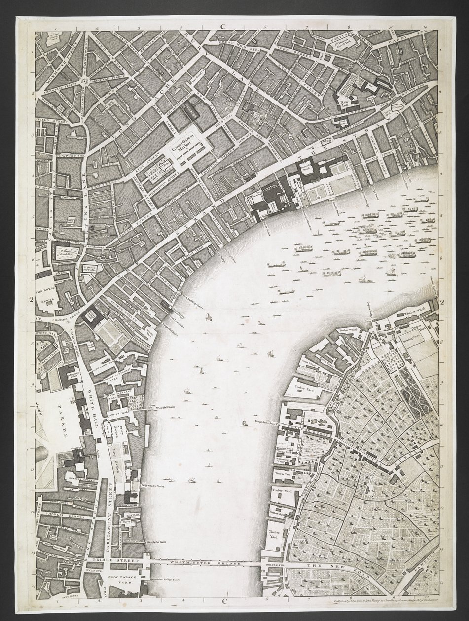 Plan van Londen, The Strand, Westminster bridge, Een plan van de steden Londen en Westminster, en het stadsdeel Southwark; Met de aangrenzende gebouwen; Van een daadwerkelijke survey, genomen door JOHN ROCQUE, Land-Surveyor, en gegraveerd door John Pine door John Rocque