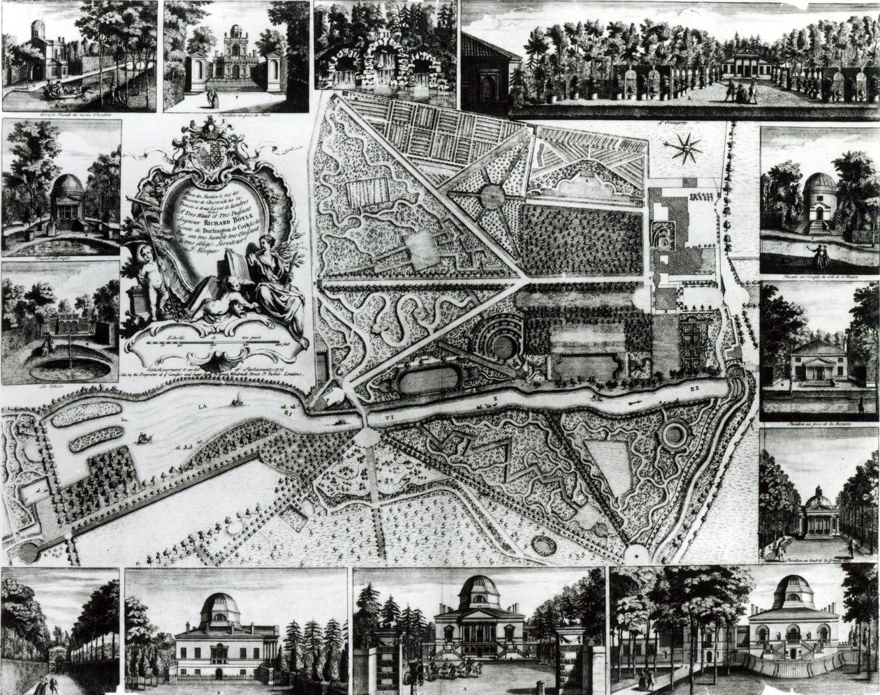 Plan van de Tuin en Uitzicht op de Huizen in Chiswick aan de Theems door John Rocque