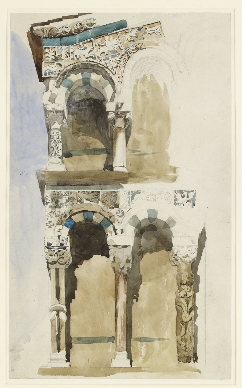Deel van de gevel van de verwoeste kerk van San Michele in Foro, Lucca, geschetst in kleur, 30 juni - 1 juli 1846 door John Ruskin