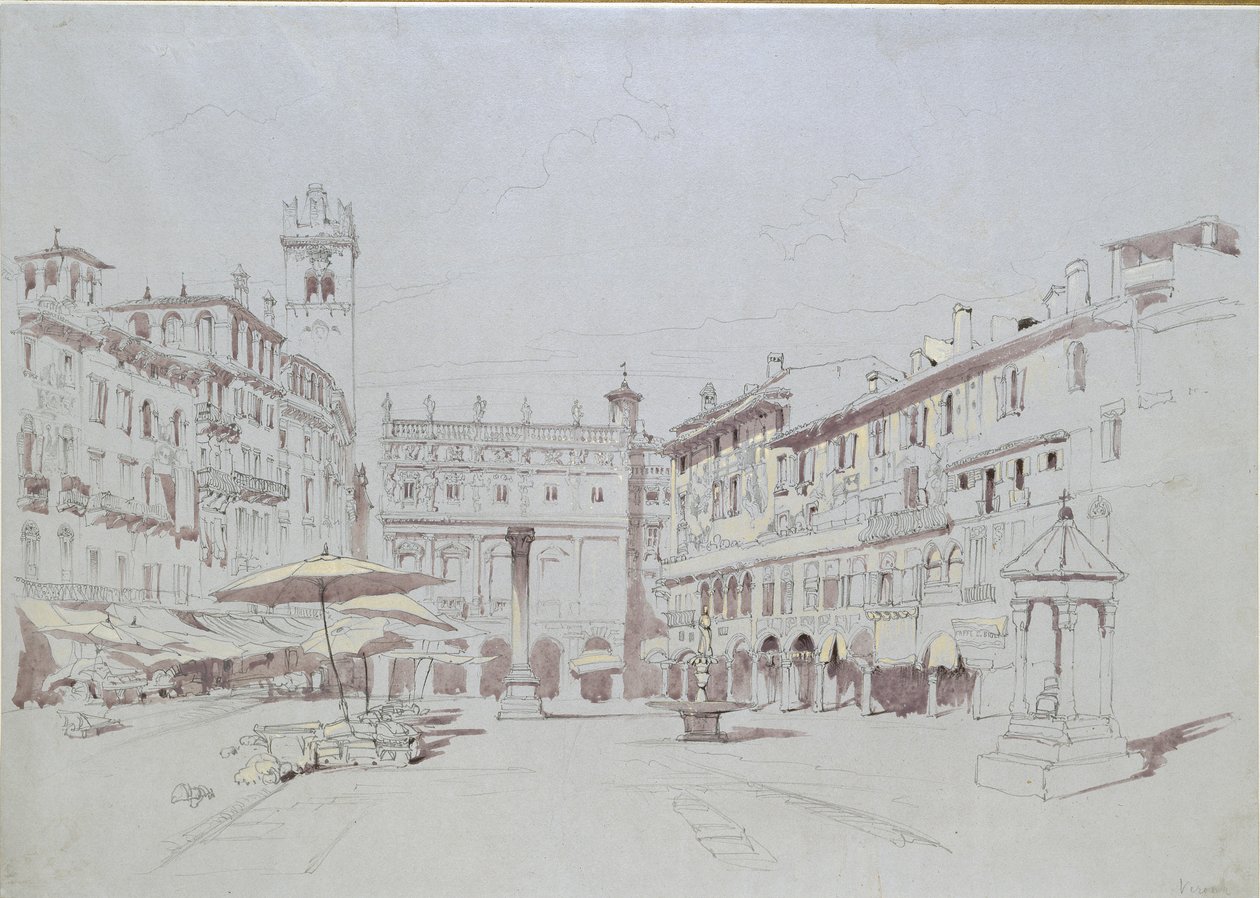 Studie voor detail van de Piazza delle Erbe, Verona, 19 mei 1841 door John Ruskin
