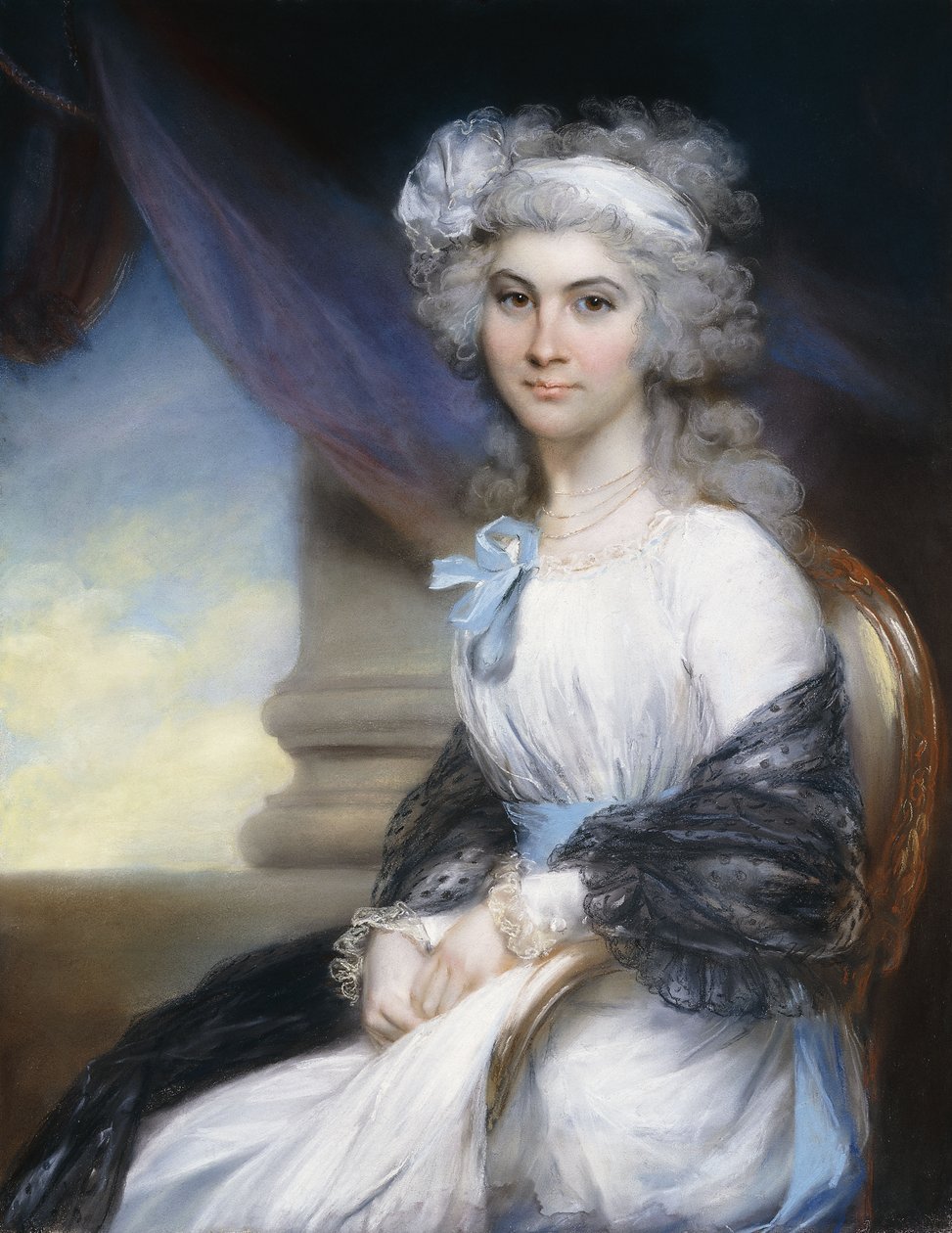 Portret van juffrouw Sophia Vansittart, driekwart lengte, gekleed in een witte jurk met een witte lint om haar gepoederde haar en een zwarte sjaal om haar schouders, zittend naast een klassieke zuil door John Russell