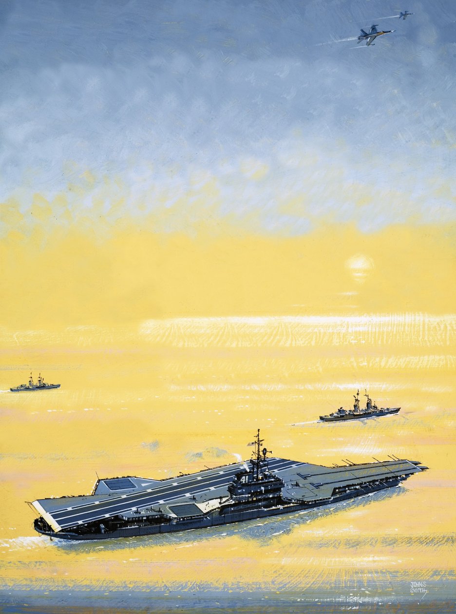 Een vliegdekschip van de US Midway-klasse zoals gebruikt tijdens de Tweede Wereldoorlog door John S. Smith