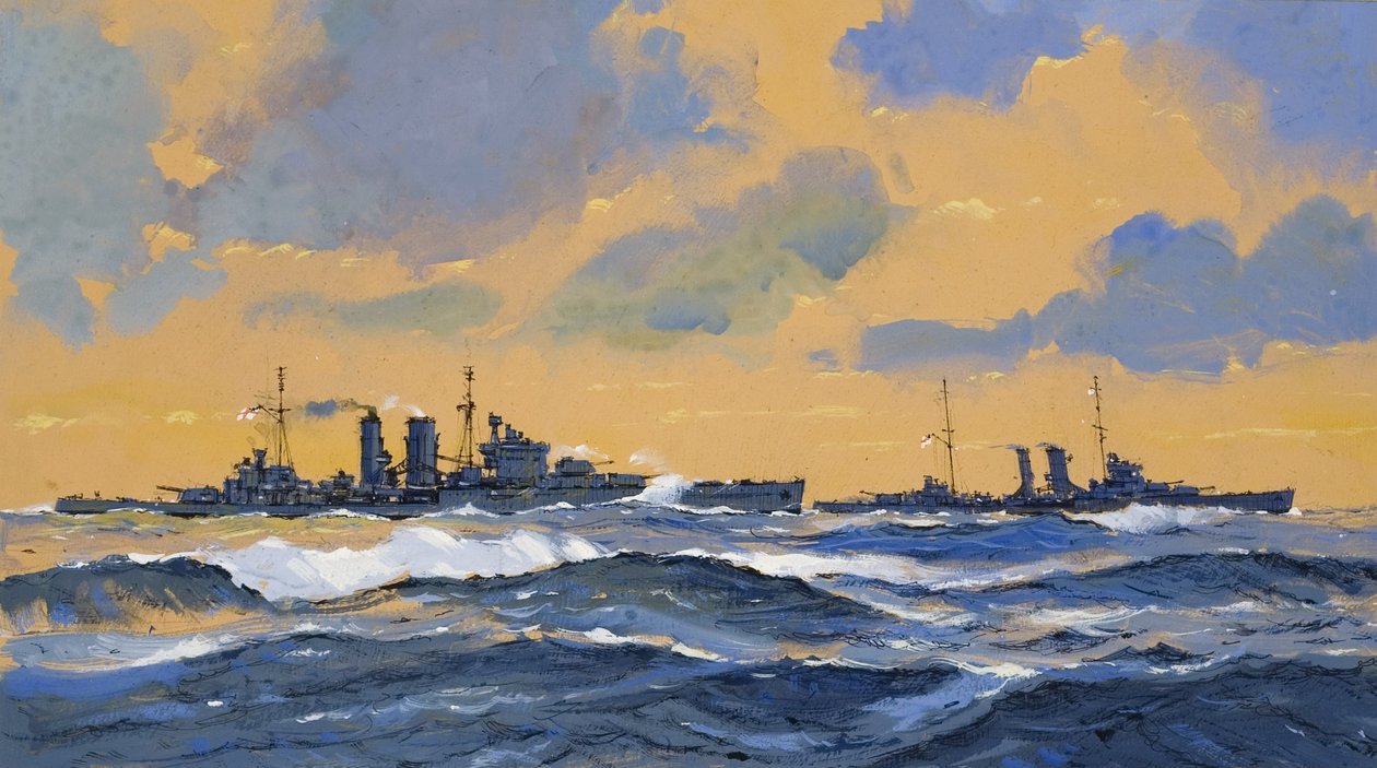 De Britse kruisers HMS Exeter en HMS York (gouache op papier) door John S. Smith