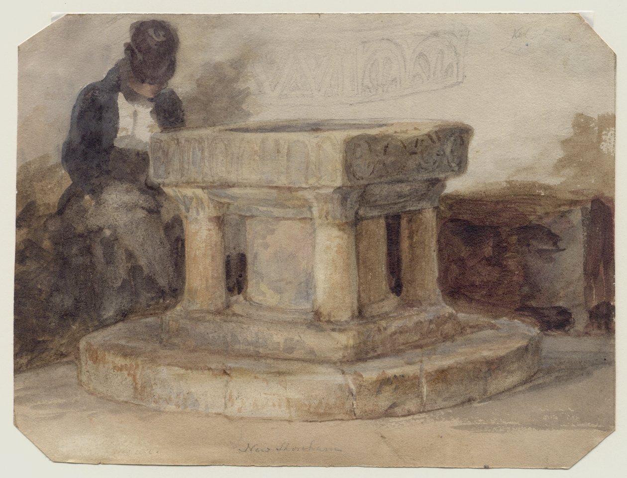 De fontein van de kerk van New Shoreham, West Sussex, met de kunstenaar, William Scott van Brighton, slapend? door John Sell (style of) Cotman