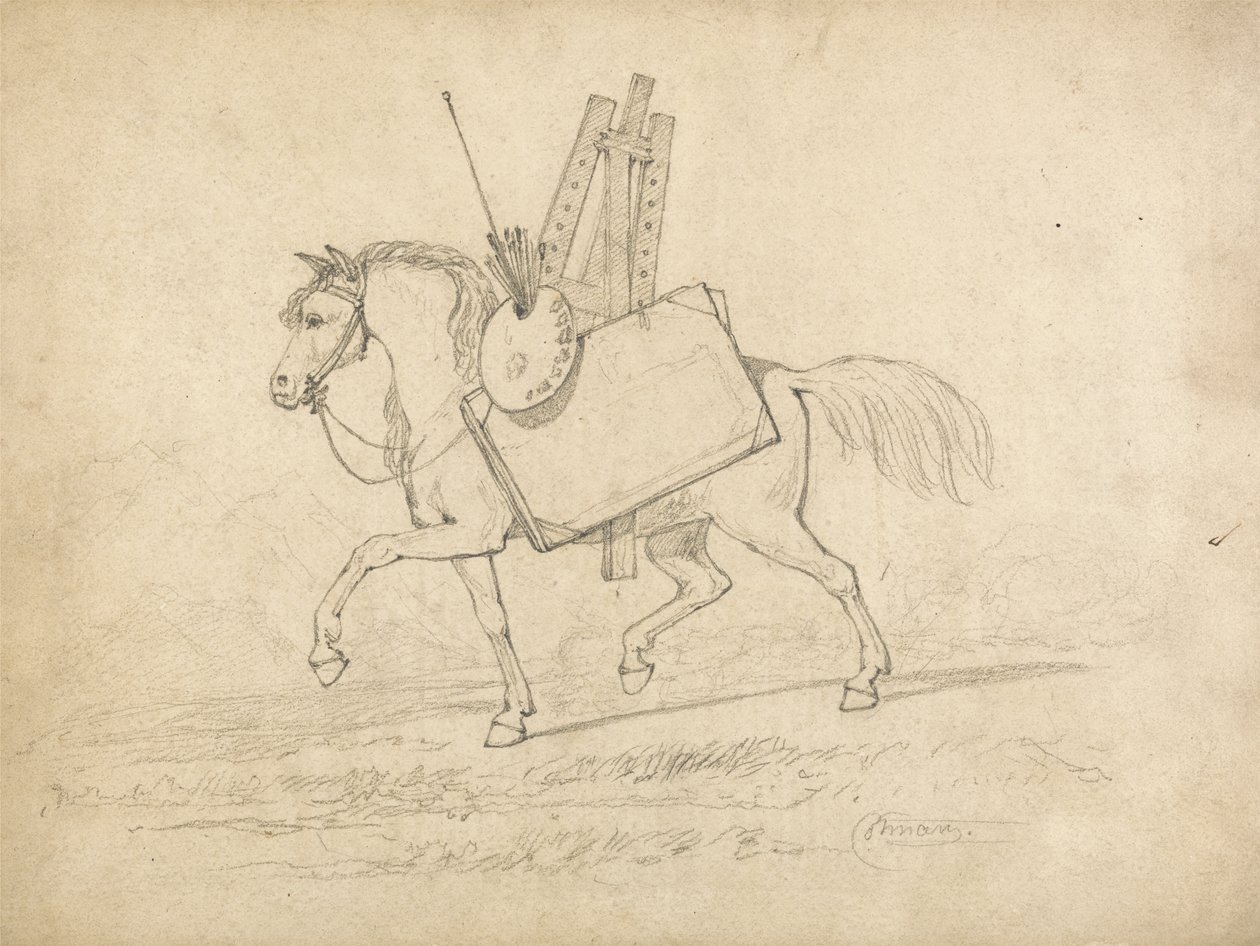 Een paard beladen met kunstenaarsbenodigdheden, lopend naar links door John Sell Cotman