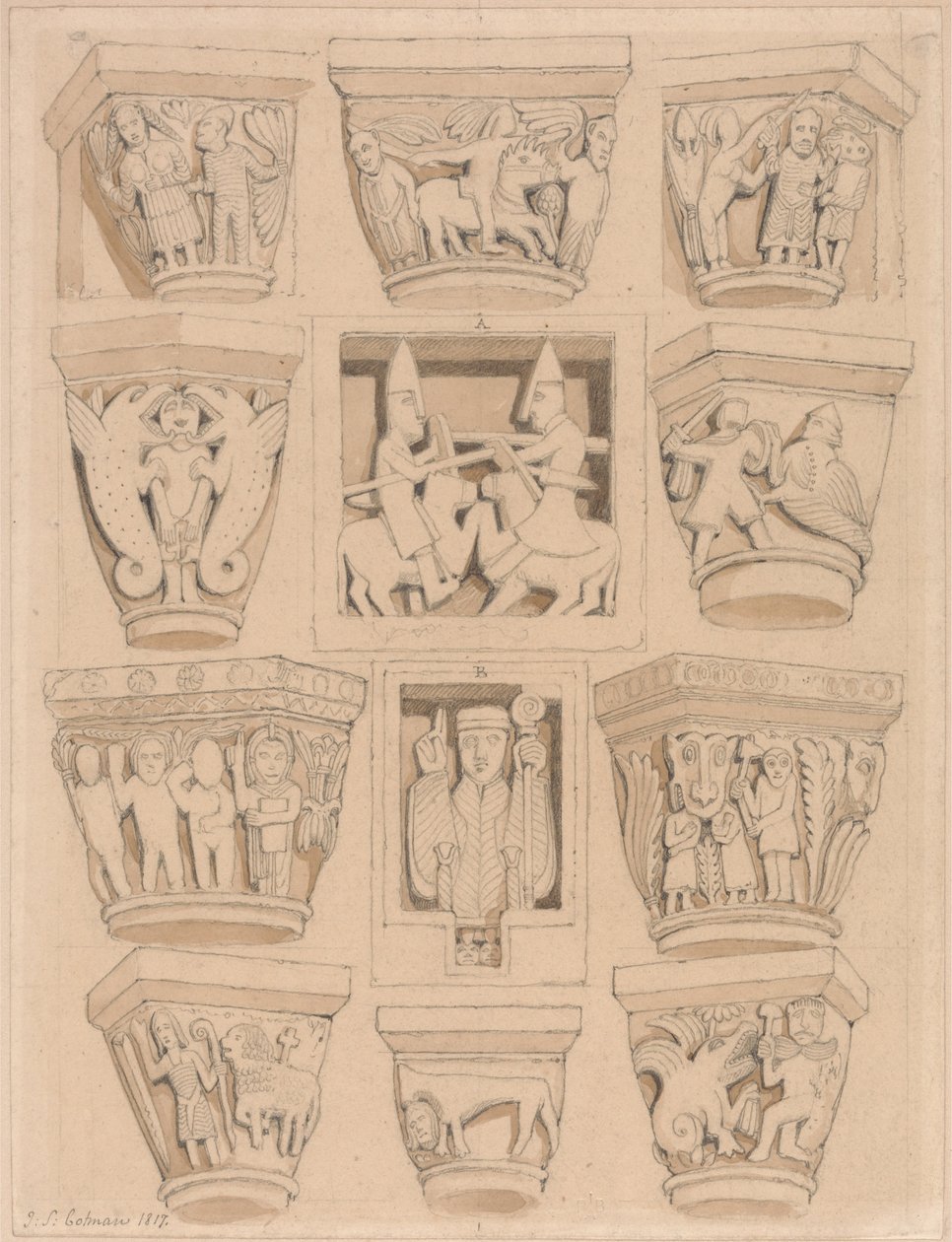 Kapitalen en A & B Bas-Reliefs in de Abdijkerk van Saint Georges de Bocherville, nabij Rouen, Normandië door John Sell Cotman