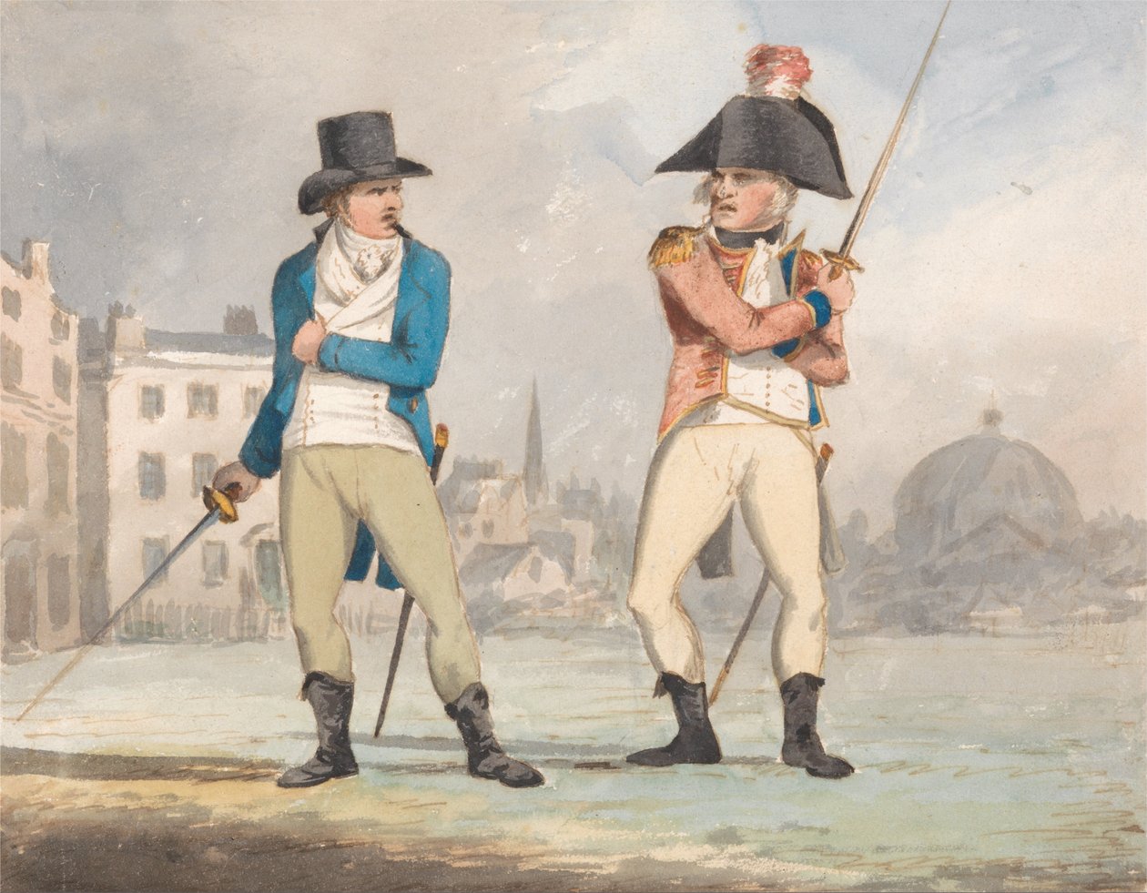Karikatuur van twee mannen met getrokken zwaarden (één van een set van drie) door John Sell Cotman