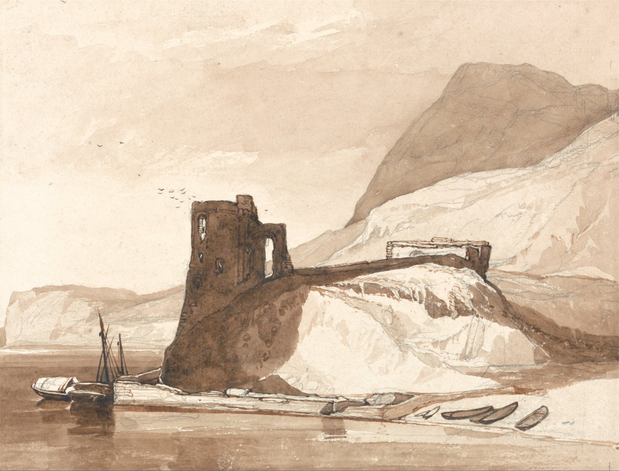 Kustlandschap met een kasteel door John Sell Cotman