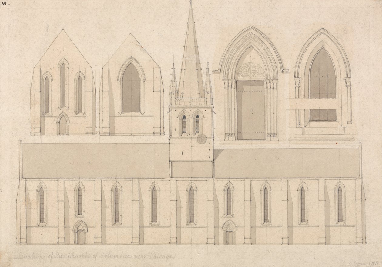 Elevatie van de kerk van Columbiers, bij Valognes, Normandië door John Sell Cotman