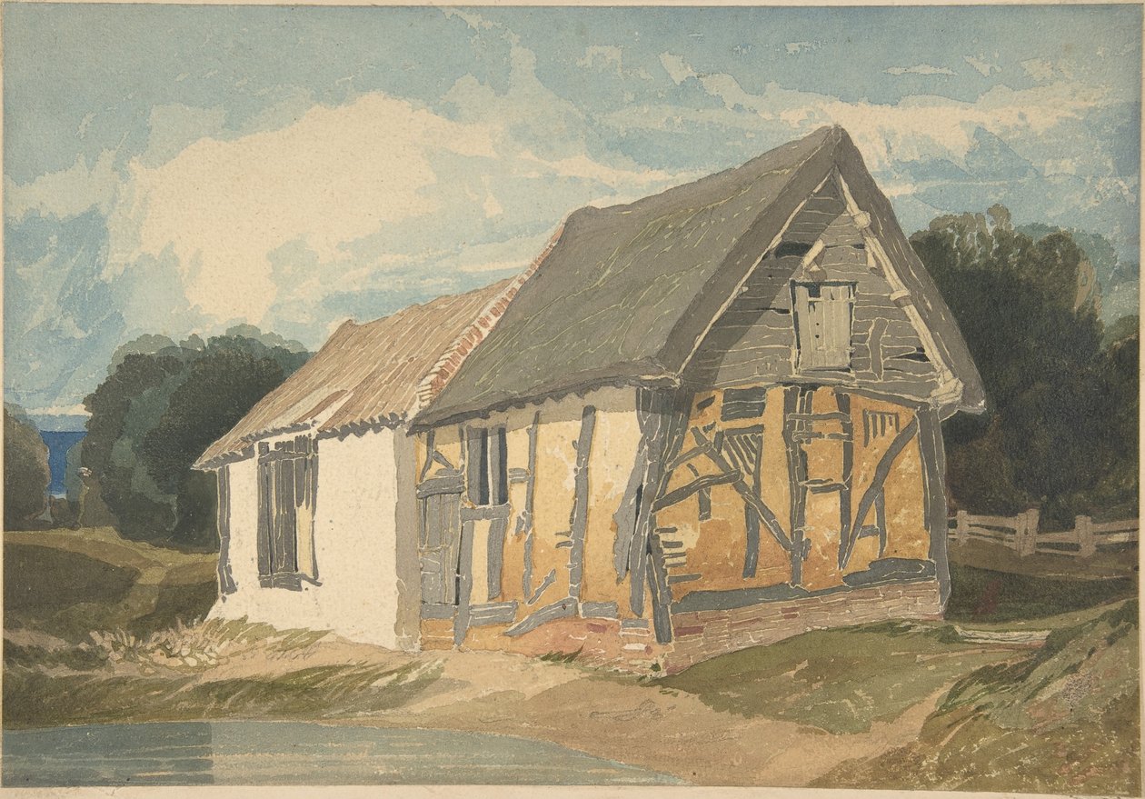 Boerderijgebouw bij een vijver door John Sell Cotman