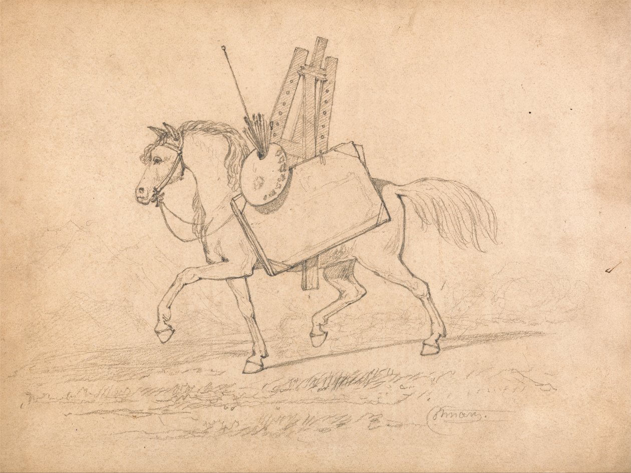 Paard beladen met kunstenaarsparafernalia door John Sell Cotman