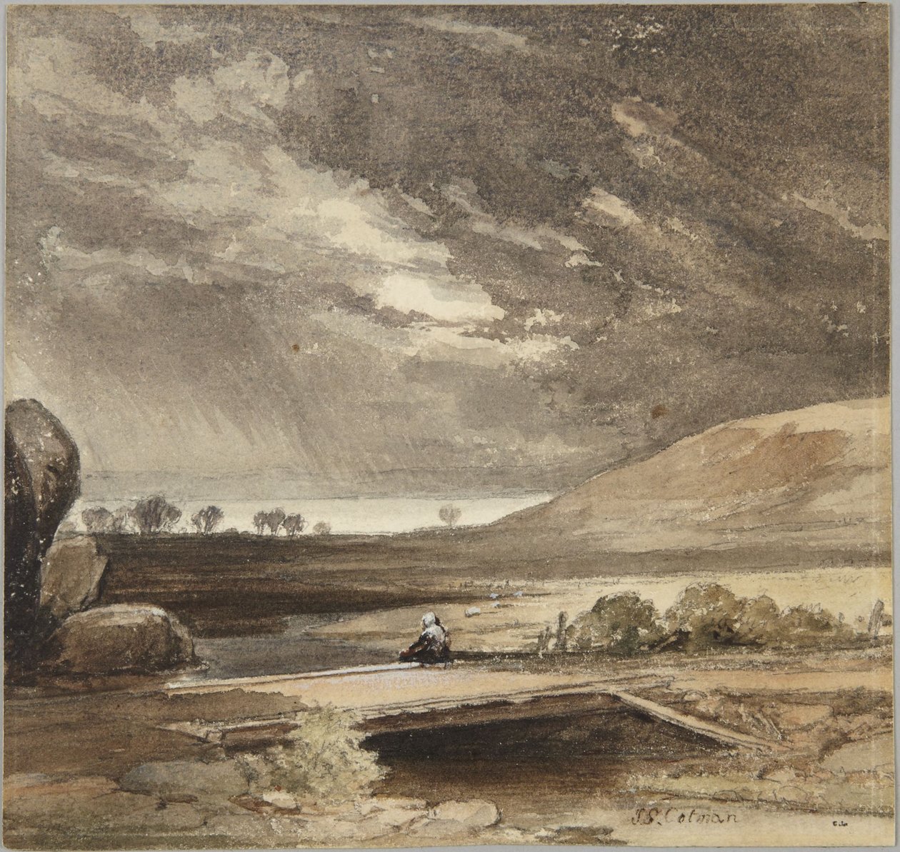 Landschap met stormachtige wolken en brug door John Sell Cotman