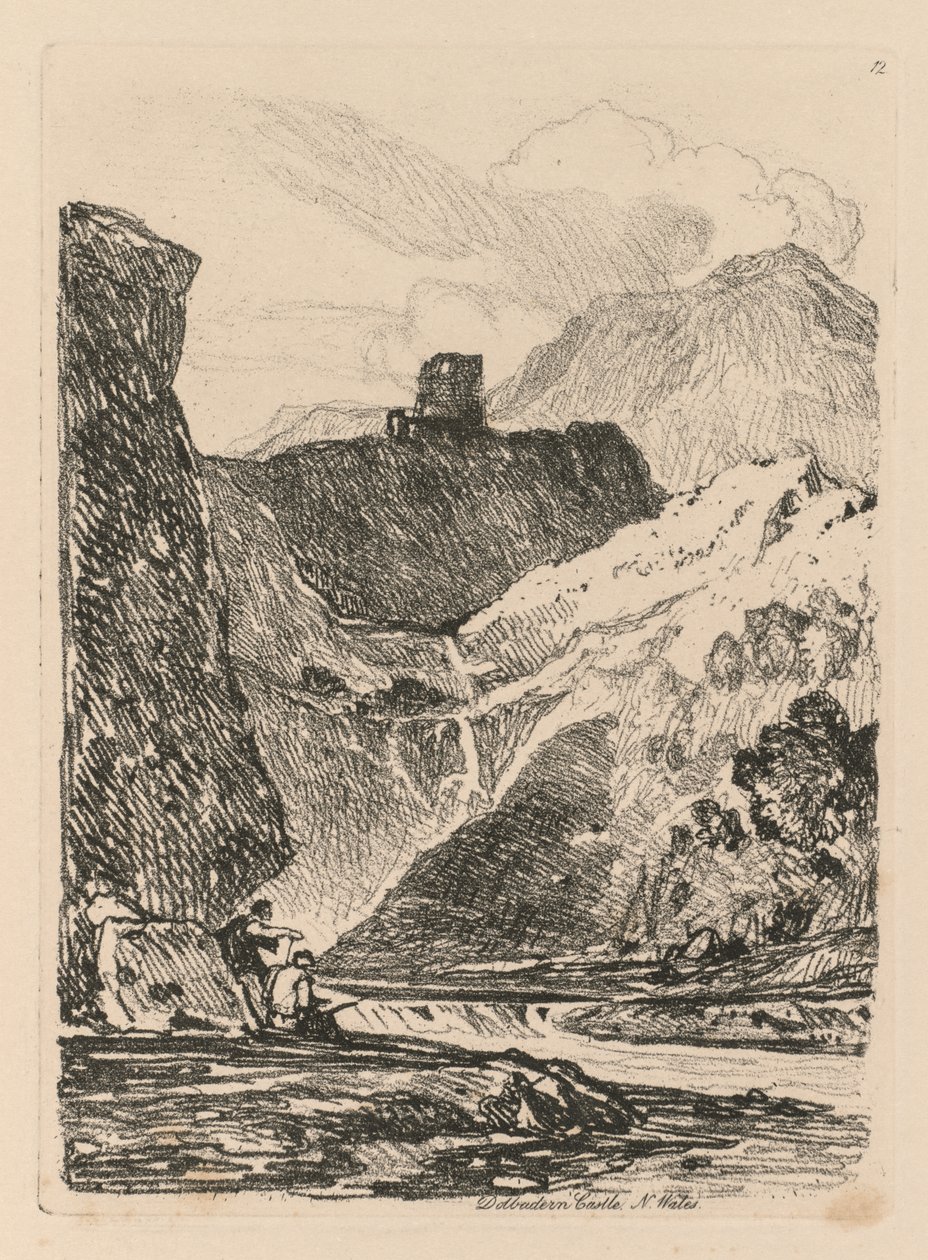 Liber Studiorum: Plaat 12, Dolbadern Castle, Llanberris Lake, North Wales door John Sell Cotman