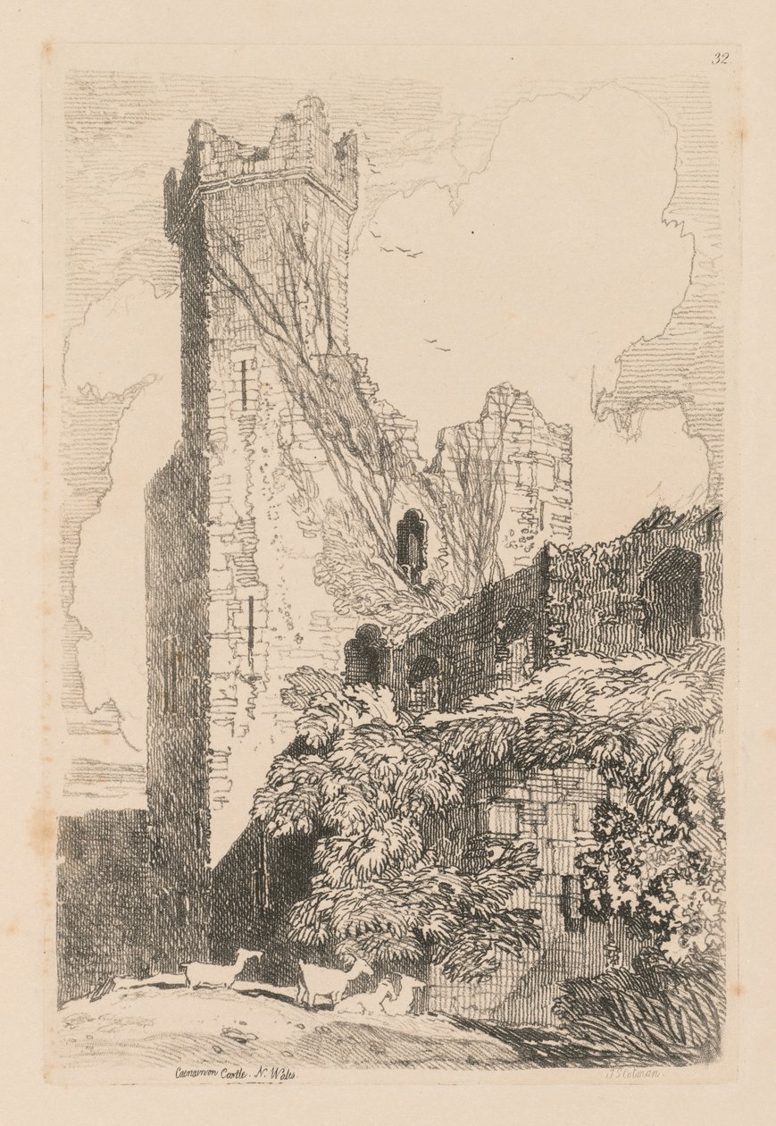 Liber Studiorum: Plaat 32, Caernarvon Castle, N. Wales, 1838 door John Sell Cotman