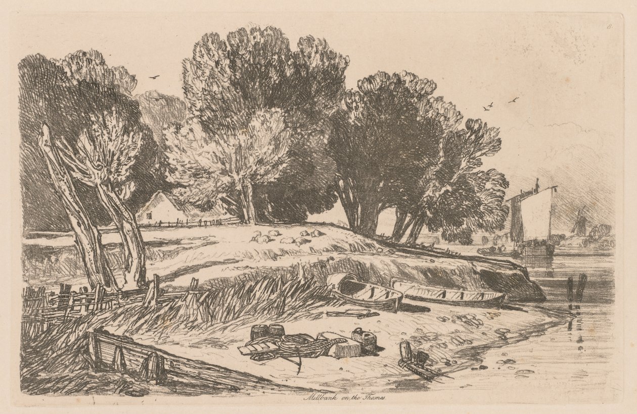 Liber Studiorum: Plaat 8, Millbank aan de Theems door John Sell Cotman