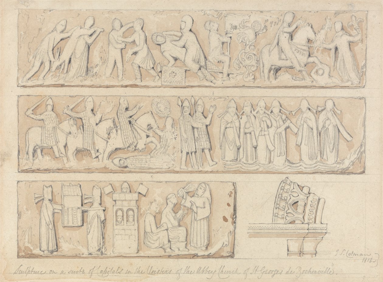 Beeldhouwwerk op een reeks kapitelen in de kloosters van de abdijkerk van Saint Georges de Bocherville, nabij Rouen, Normandië door John Sell Cotman