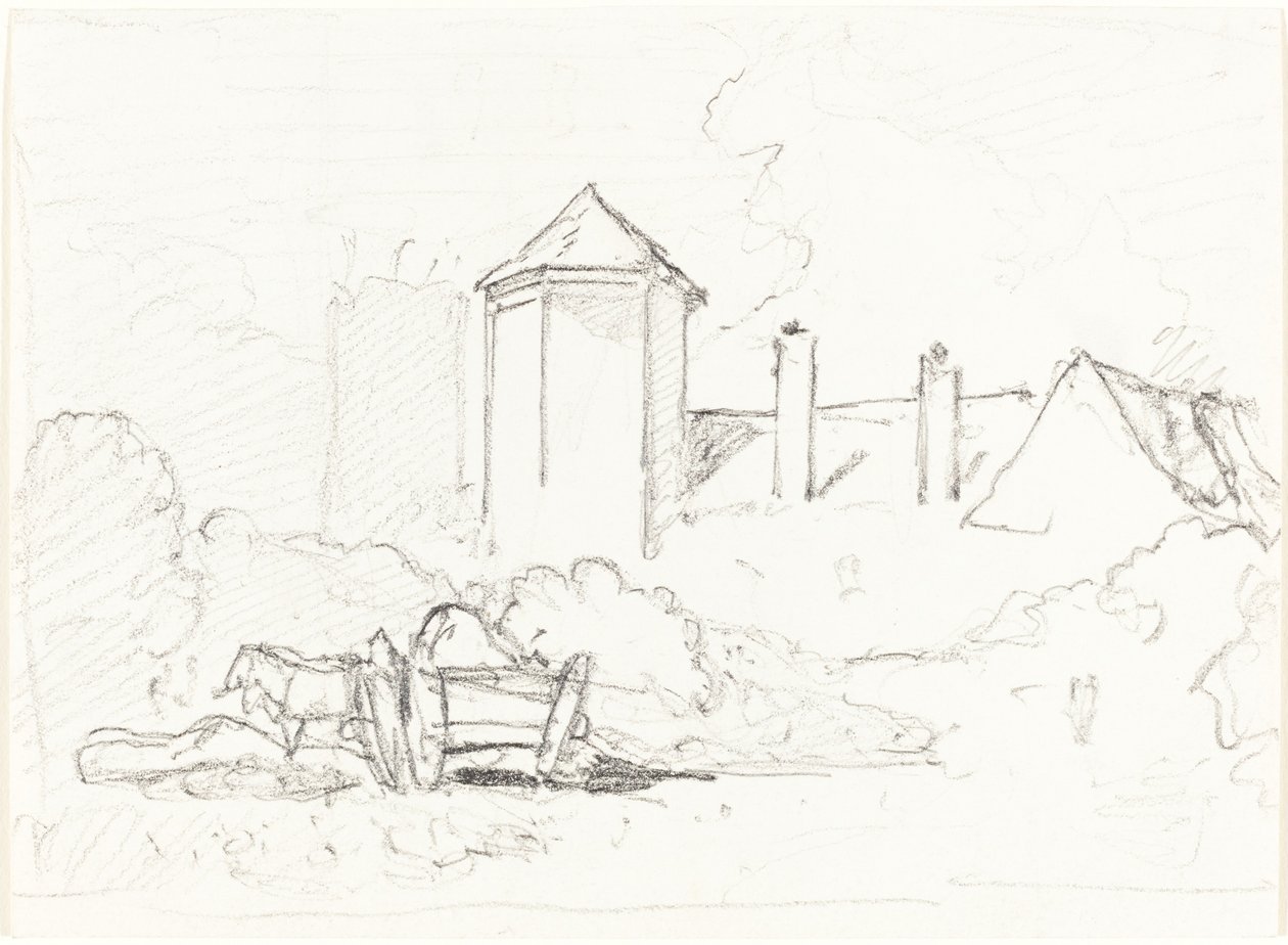 Schets van Gebouwen met Kar en Paarden op de Voorgrond door John Sell Cotman
