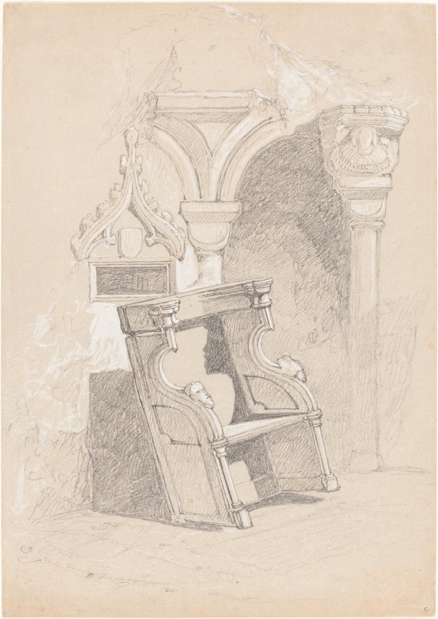 Schets van Verwoeste Kerkinterieur met Stoel door John Sell Cotman