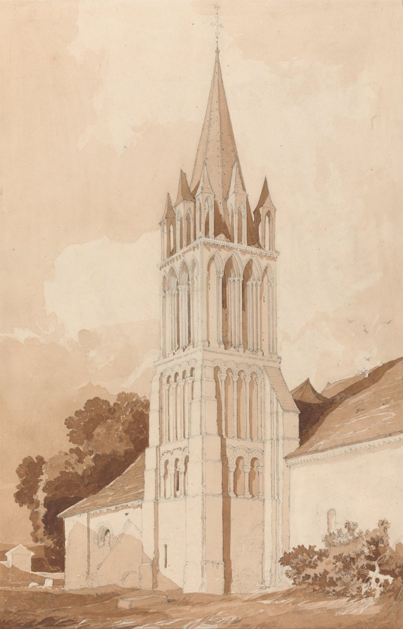 Zuidoostelijke weergave van de kerk van Ifs, bij Caen, Normandië door John Sell Cotman