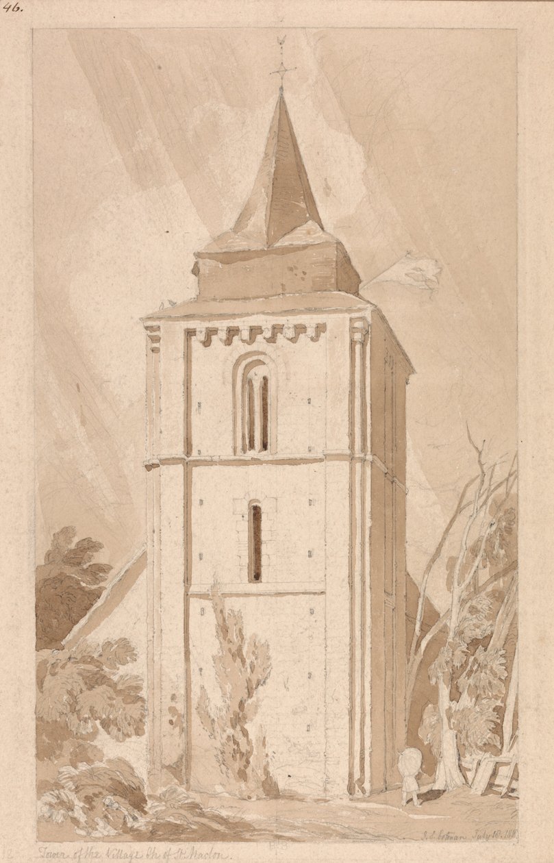 Toren van de dorpskerk van Saint Maclou, Normandië door John Sell Cotman
