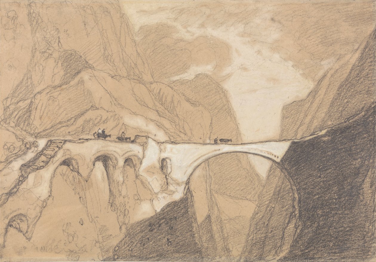 Reizigers die een brug over een Alpenkloof oversteken door John Sell Cotman