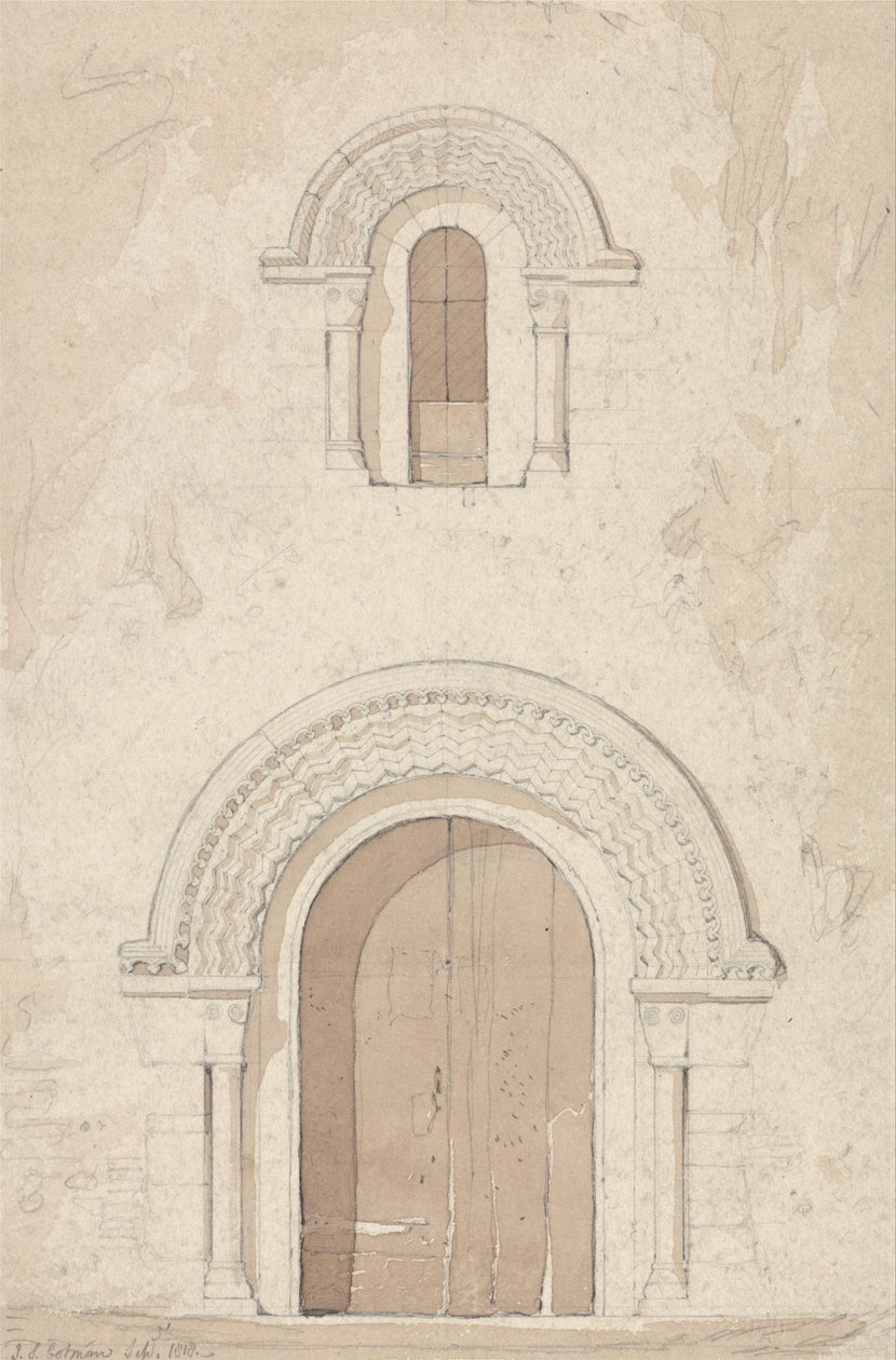 Westelijke deuropening en raam in de kerk van Ham bij Valognes, Normandië door John Sell Cotman