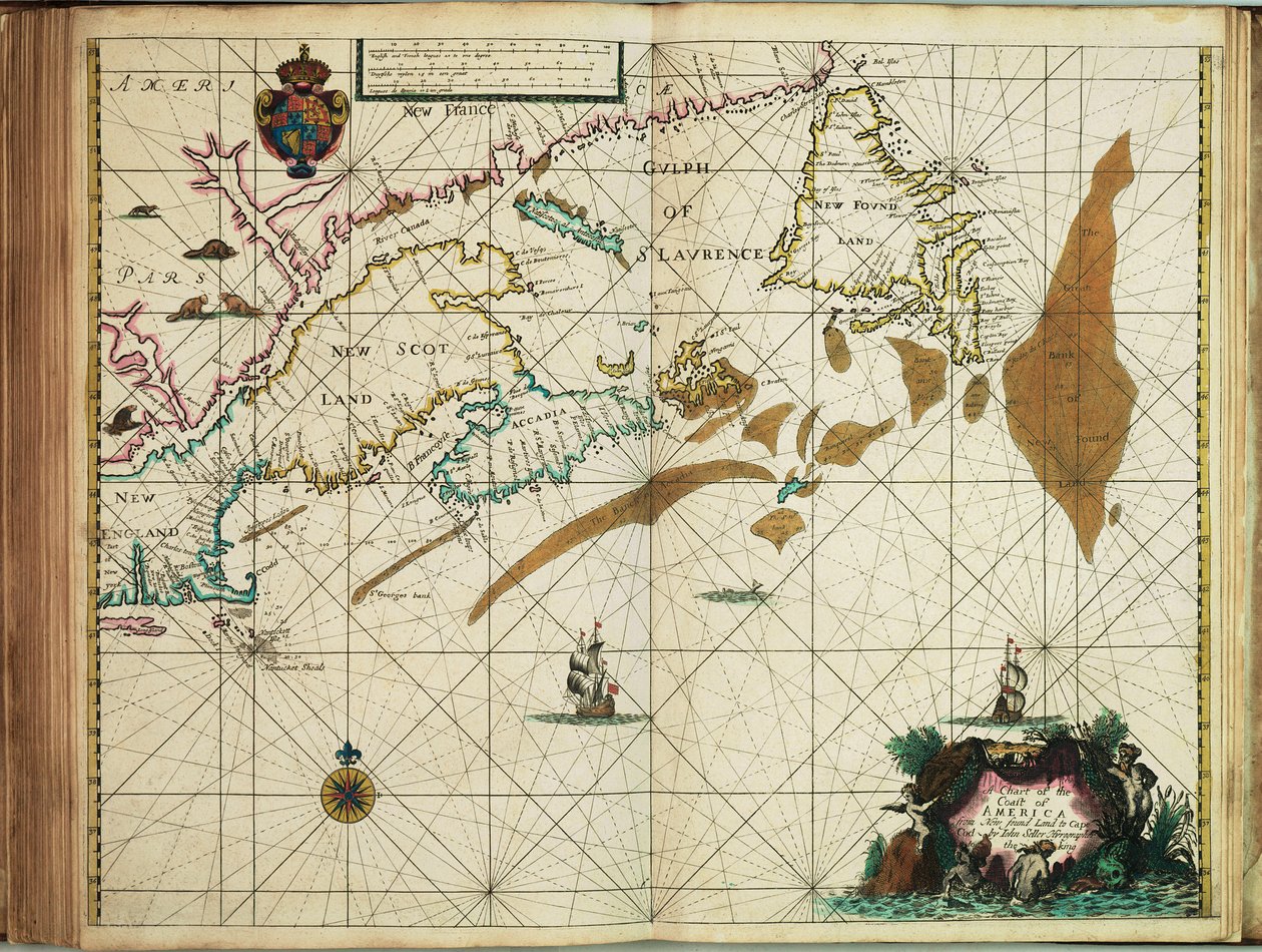Een kaart van de kust van Amerika van Newfoundland tot Cape Cod door John Seller