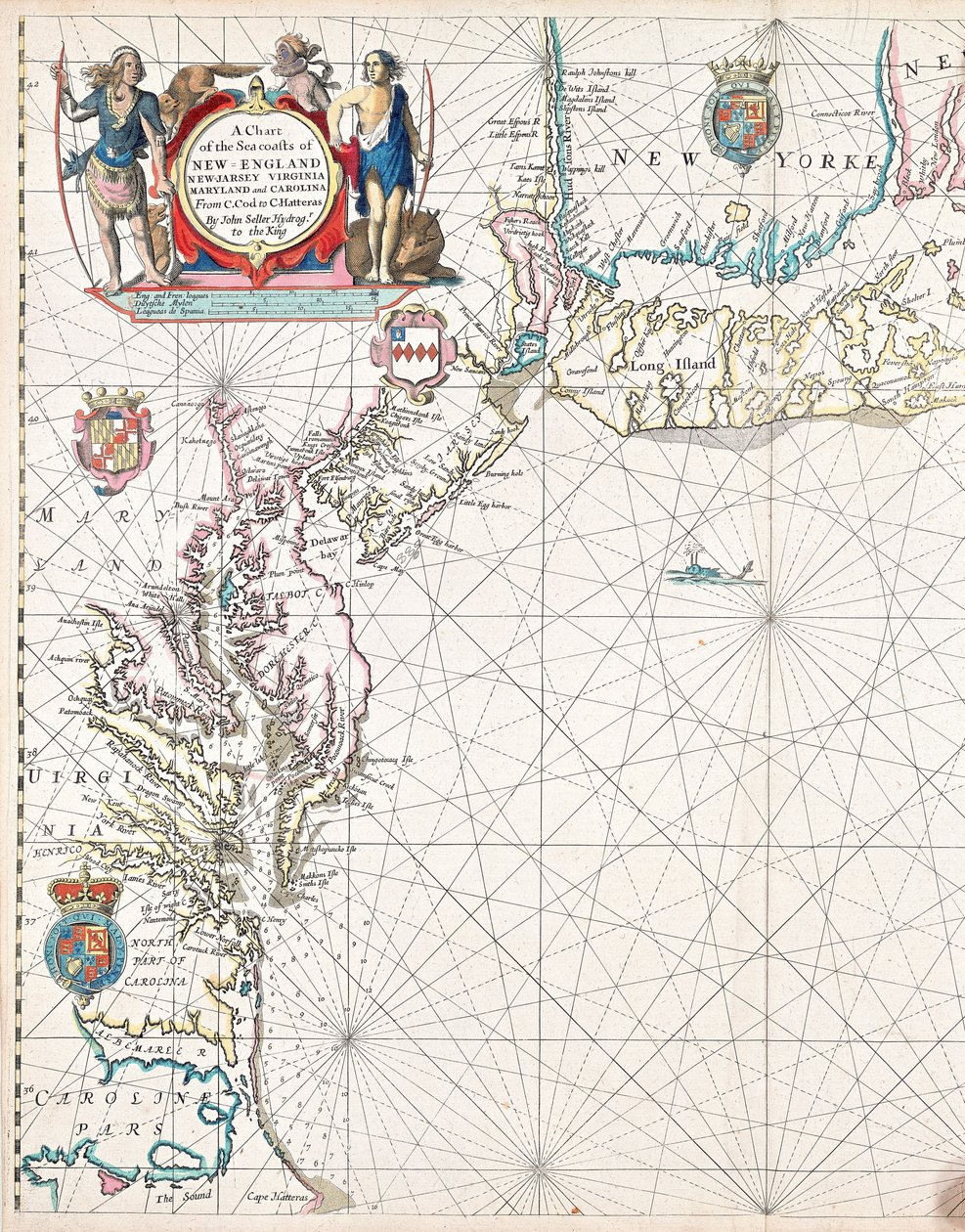 Een kaart van de zeekusten van New England, New Jersey, Virginia, Maryland en Carolina van Cape Cod tot Cape Hatteras door John Seller