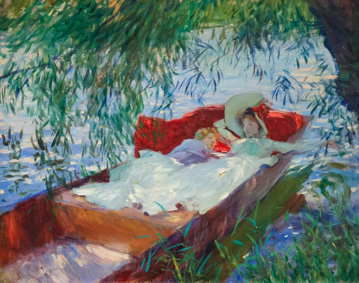 Dame en kind slapen in een boot onder de wilg door John Singer Sargent