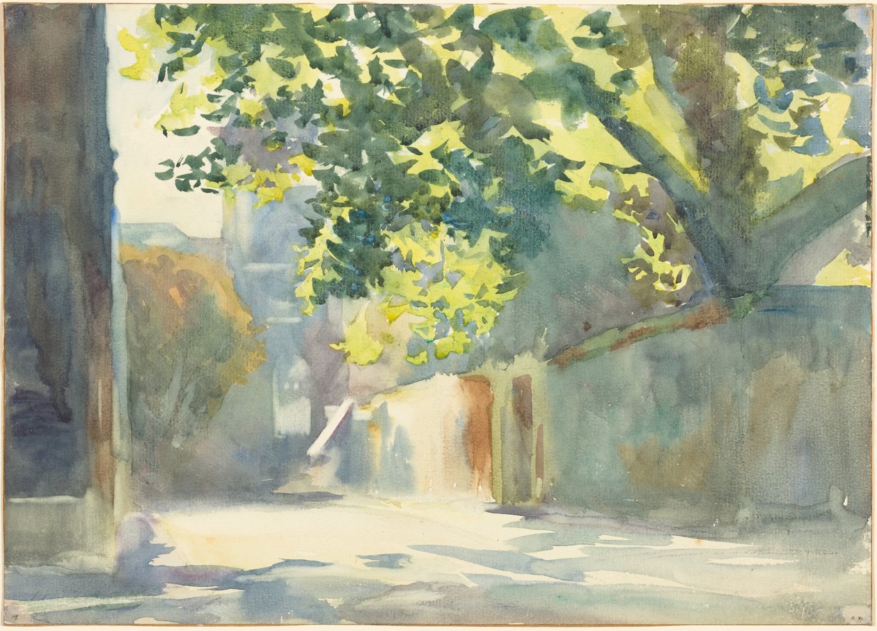Een zonovergoten muur onder een boom door John Singer Sargent