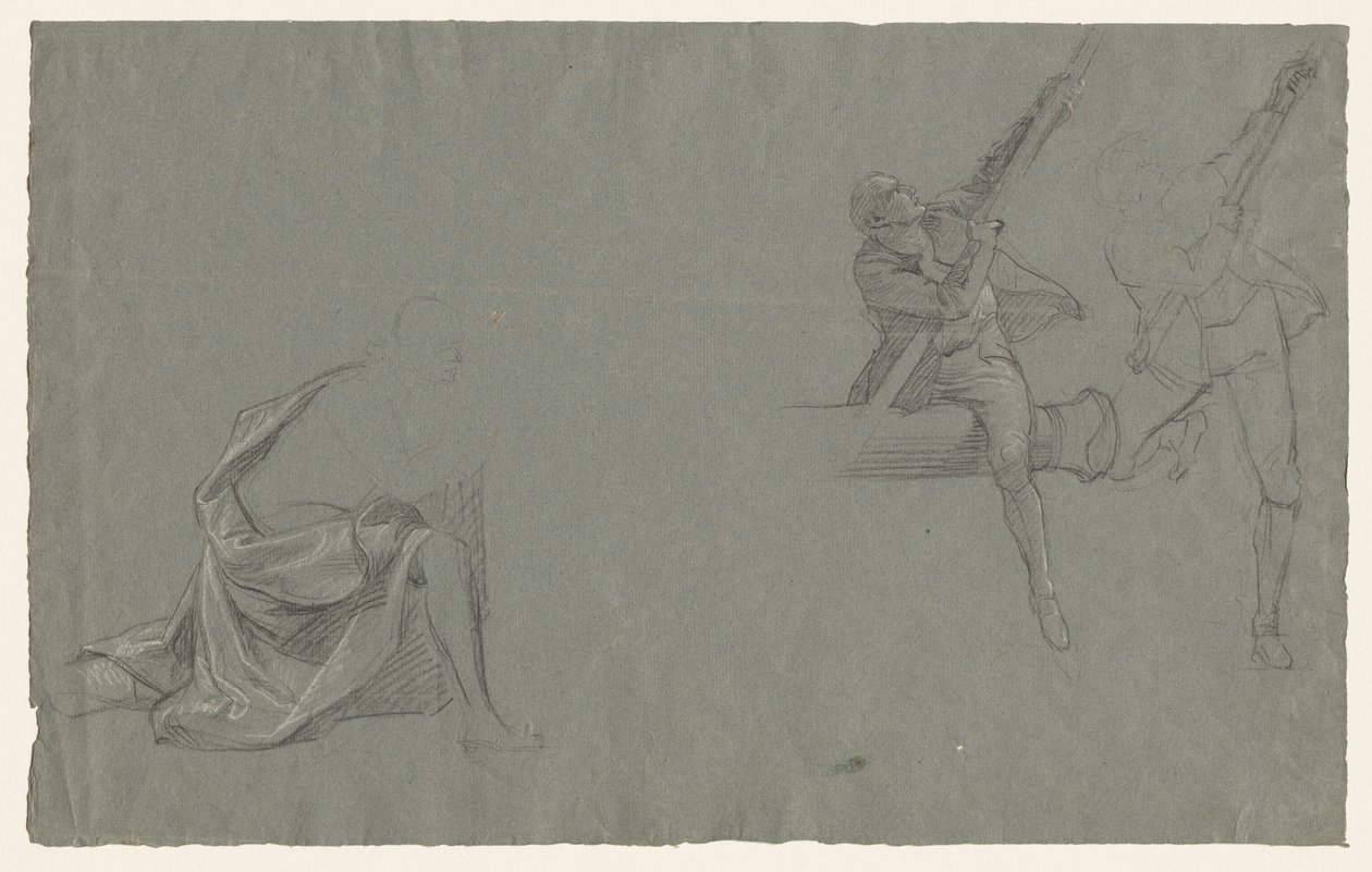Draperiestudie; twee figuren die een paal trekken door John Singleton Copley