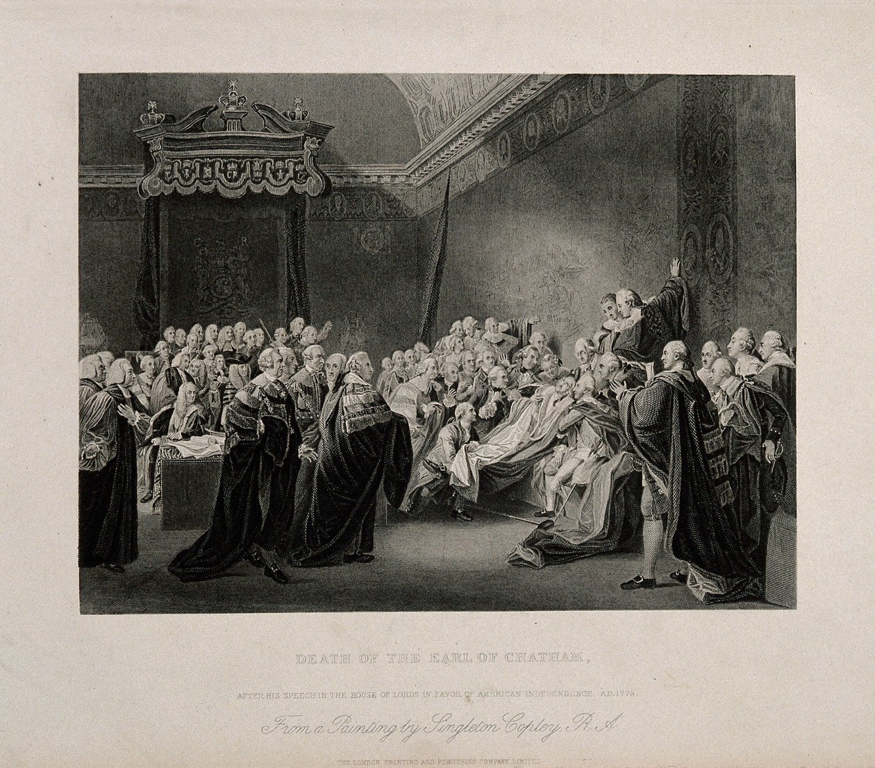 Het overlijden van William Pitt, Lord Chatham, in de Bovenkamer van het Palace of Westminster, 1778. Gravure naar een schilderij van J. Copley, 1779. door John Singleton Copley